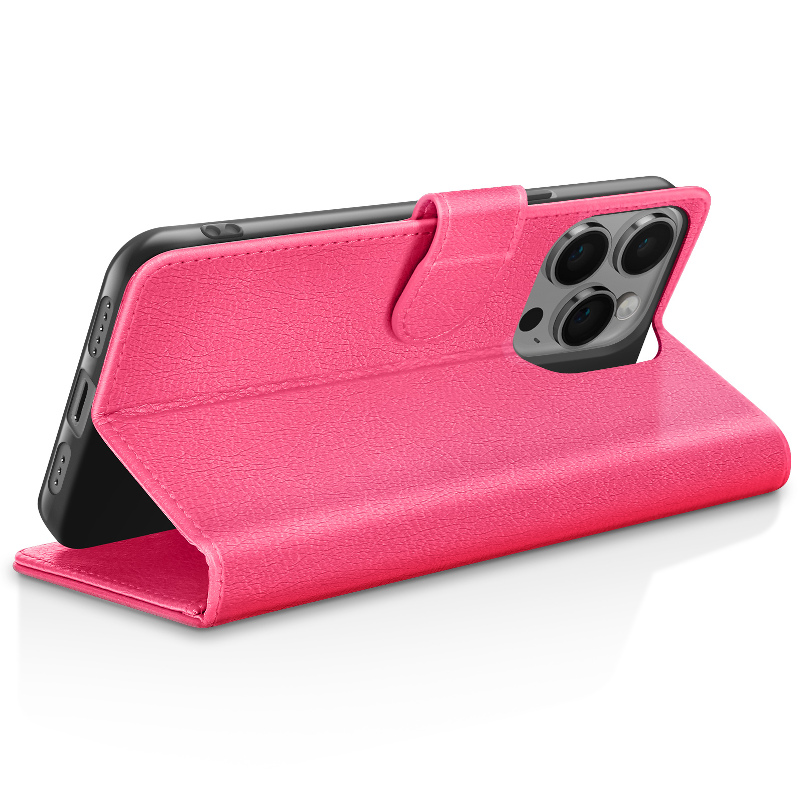 Una custodia a libro in pelle rosa per smartphone, aperta su una superficie bianca.