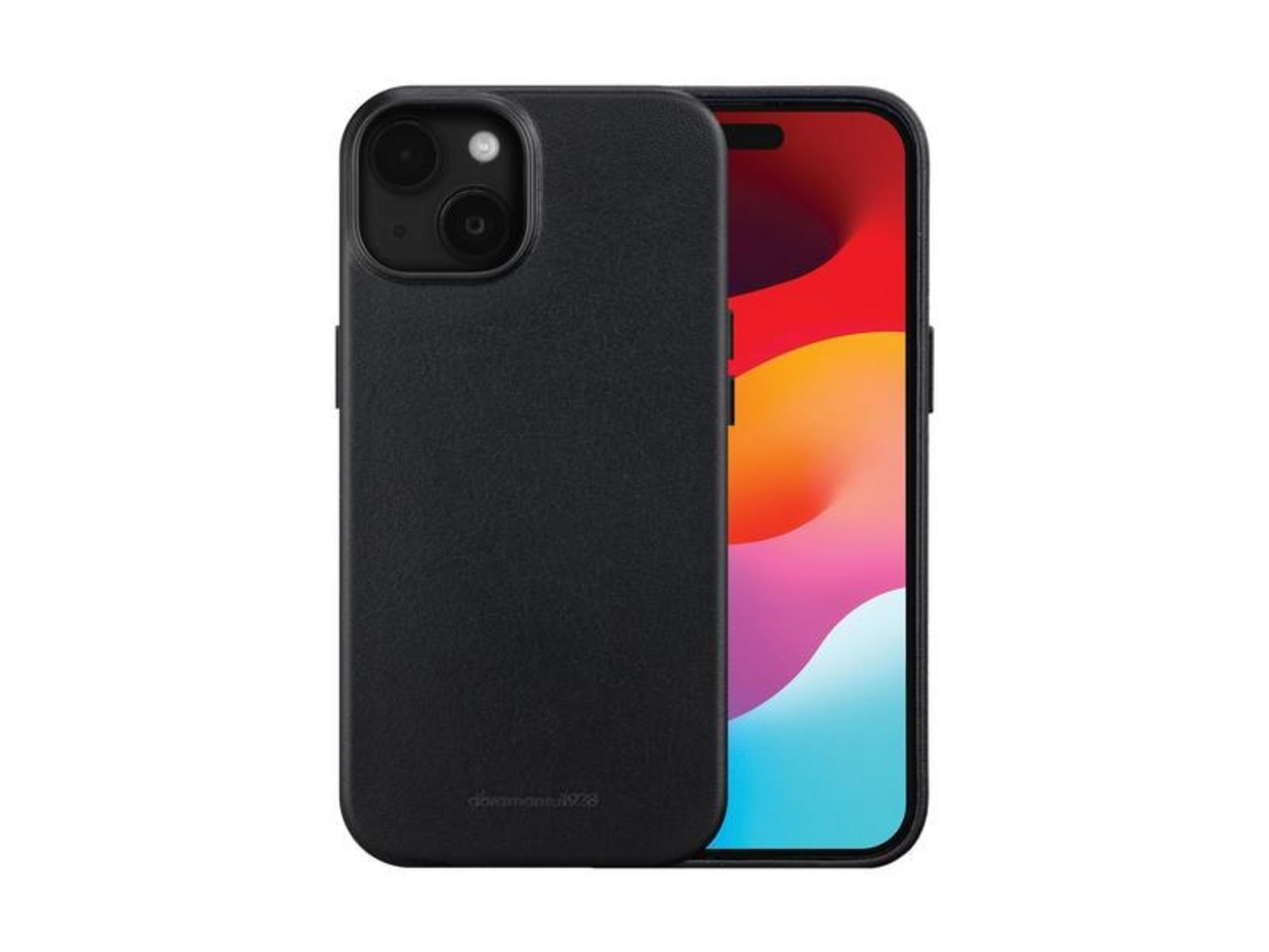 Un iPhone nero in una custodia in pelle con uno sfondo colorato.