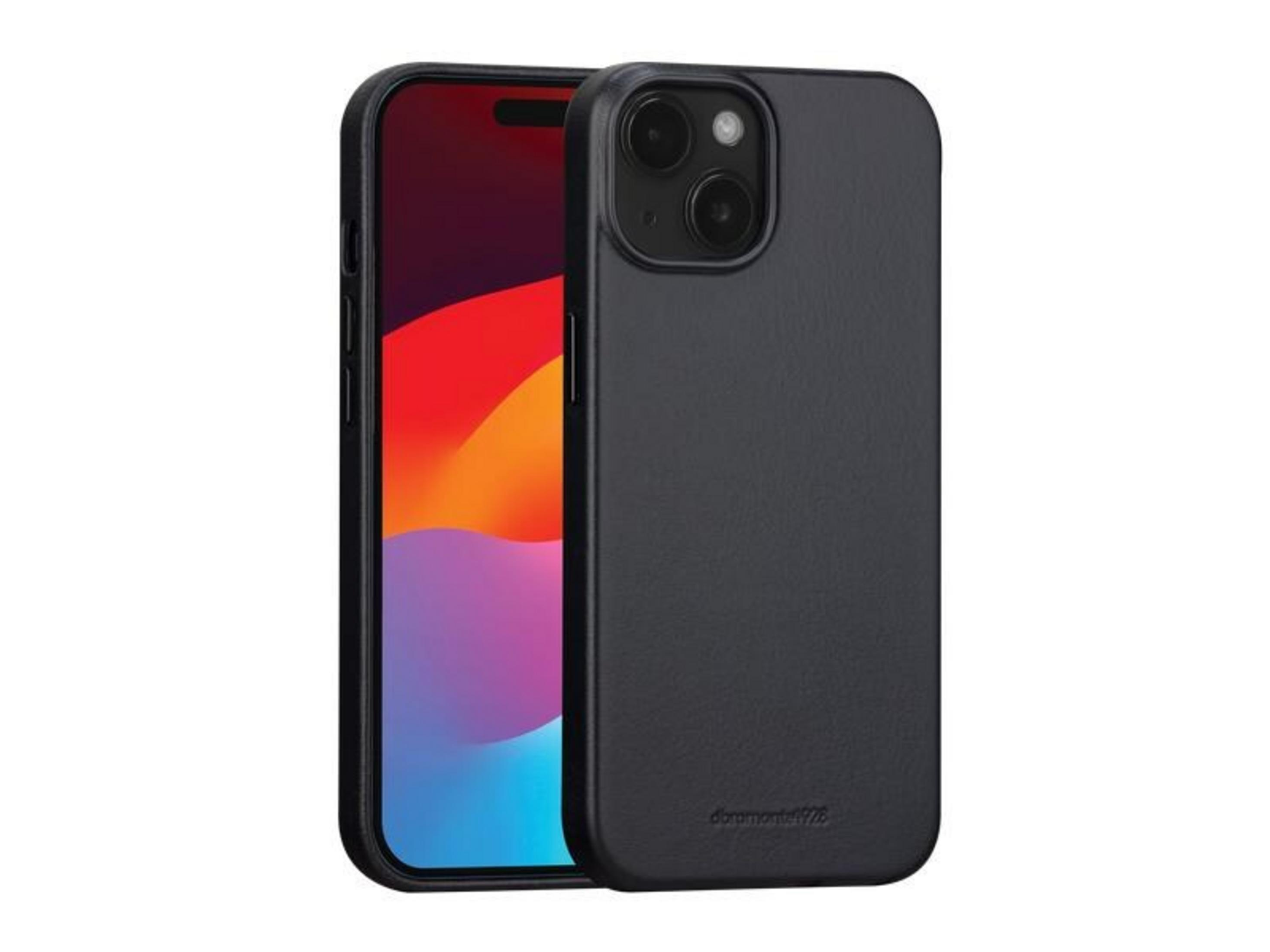 iPhone nero con custodia in pelle nera, su sfondo bianco.