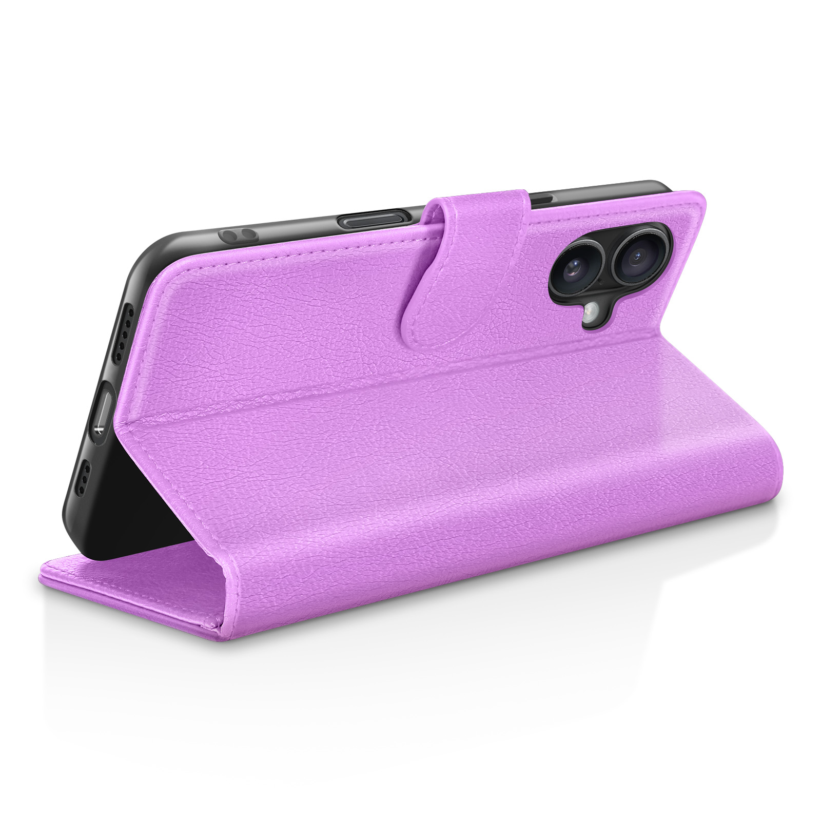 Una custodia viola per telefono con copertina a libro e lenti della fotocamera visibili.