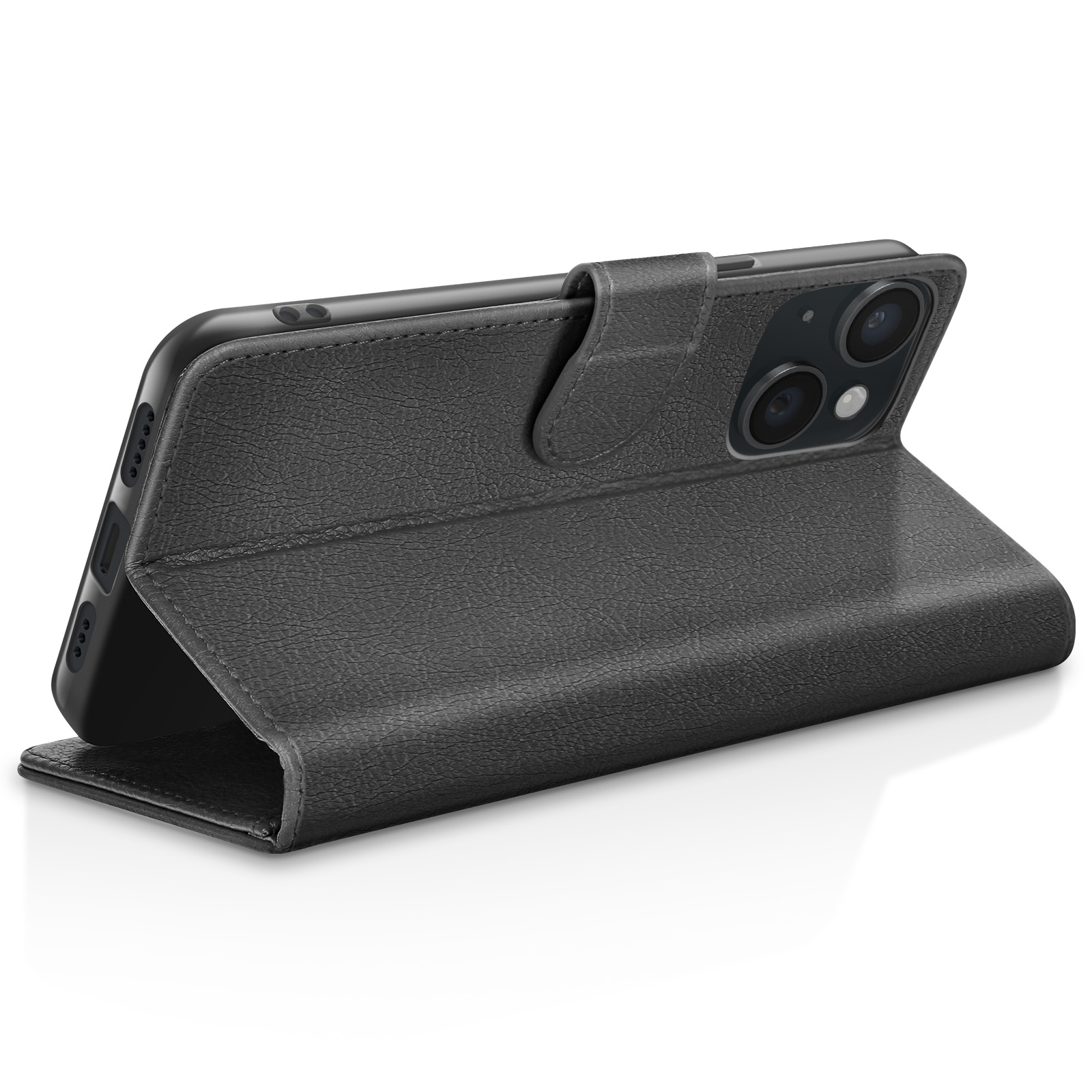 Custodia a libro in pelle nera per smartphone, su una superficie bianca.