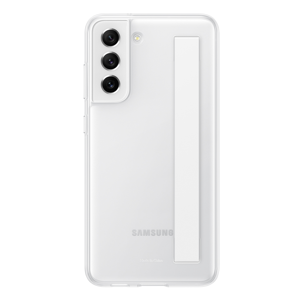 Custodia bianca trasparente per telefono con tre fotocamere e un supporto posteriore.
