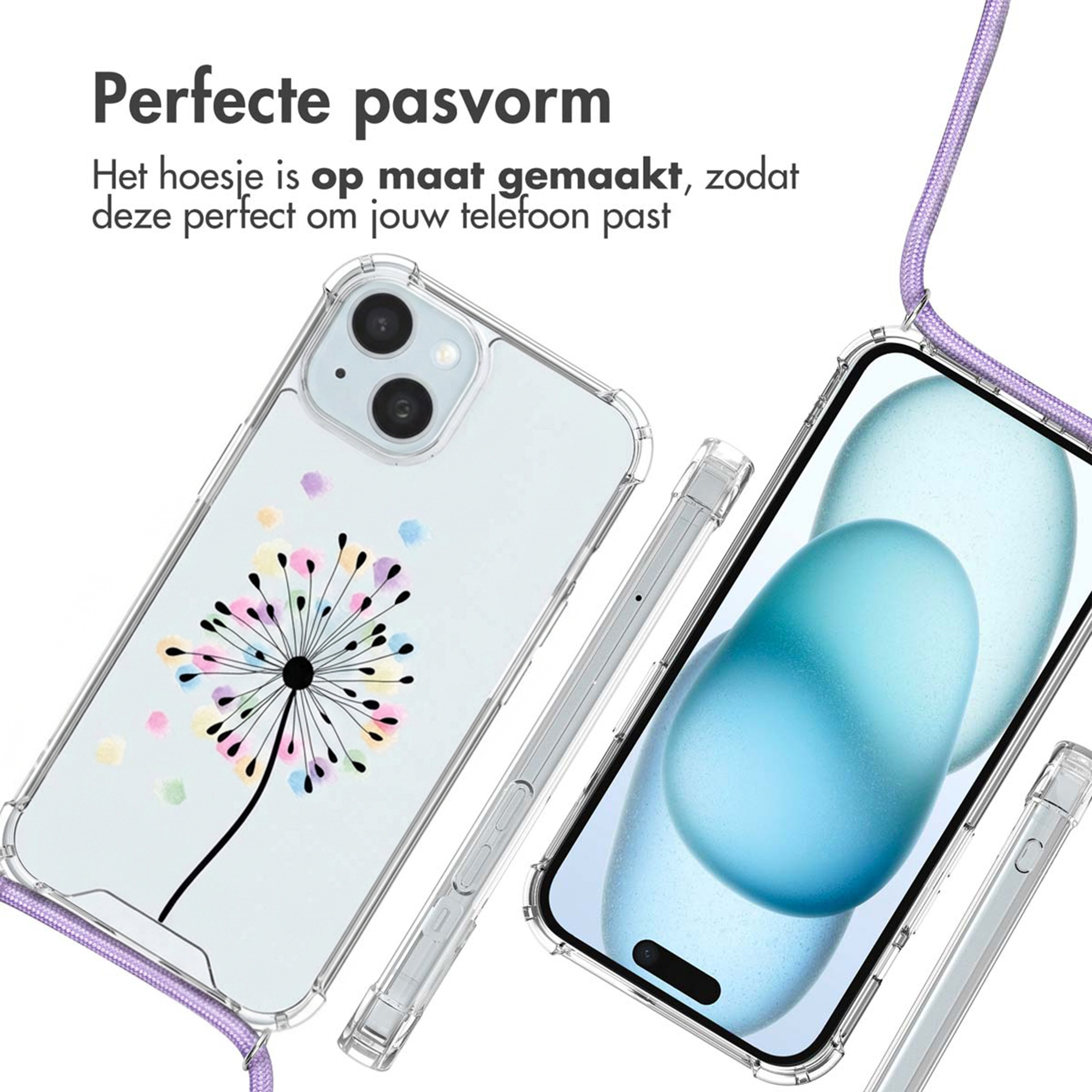 Clear phone case with dandelion design and purple lanyard.