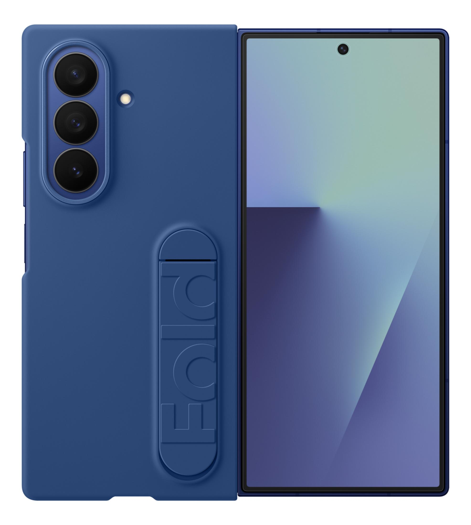 Un telefono pieghevole blu con tre fotocamere posteriori e cavalletto.
