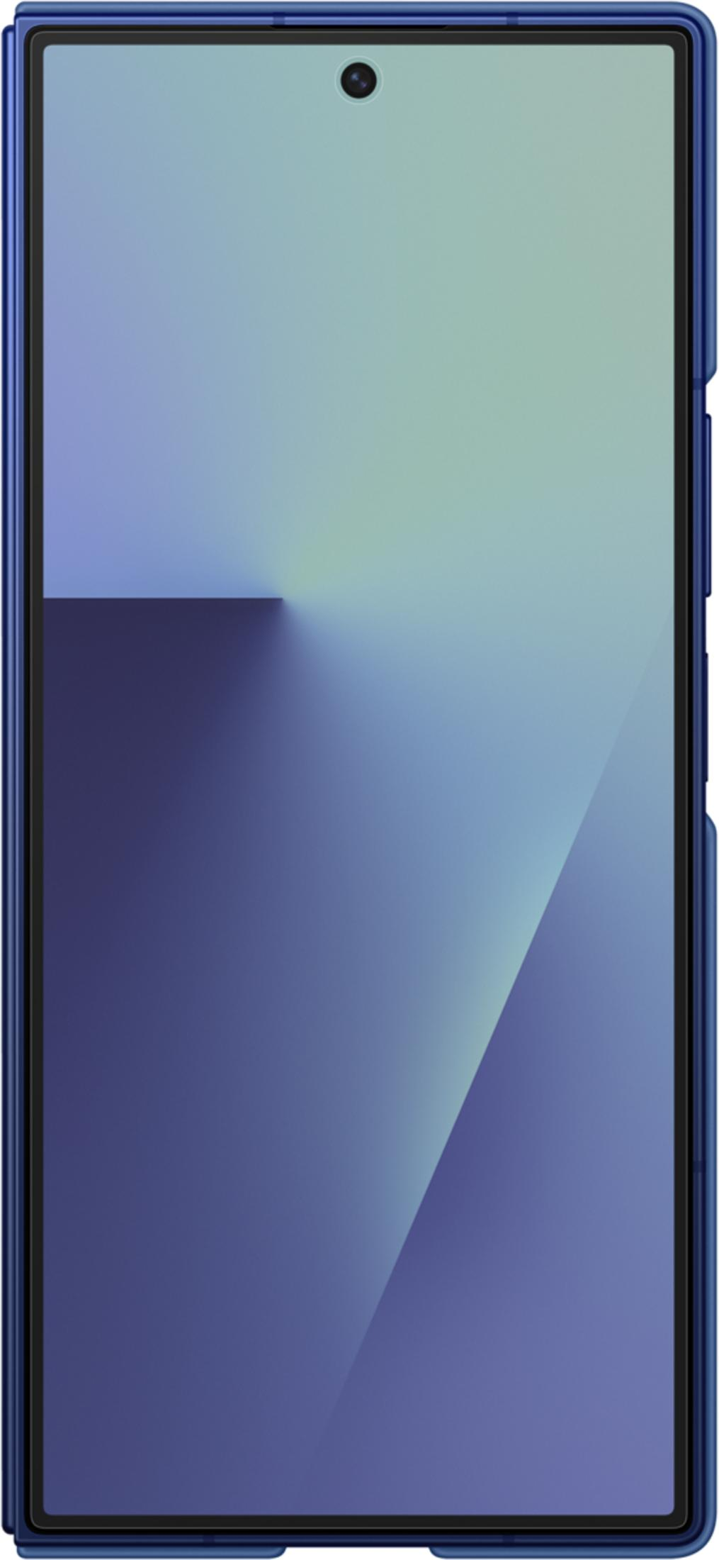 Smartphone blu con sfondo geometrico sullo schermo.