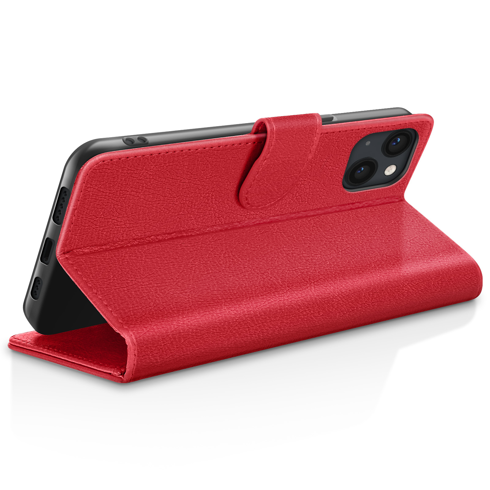 Custodia a libro rossa con iPhone 12.