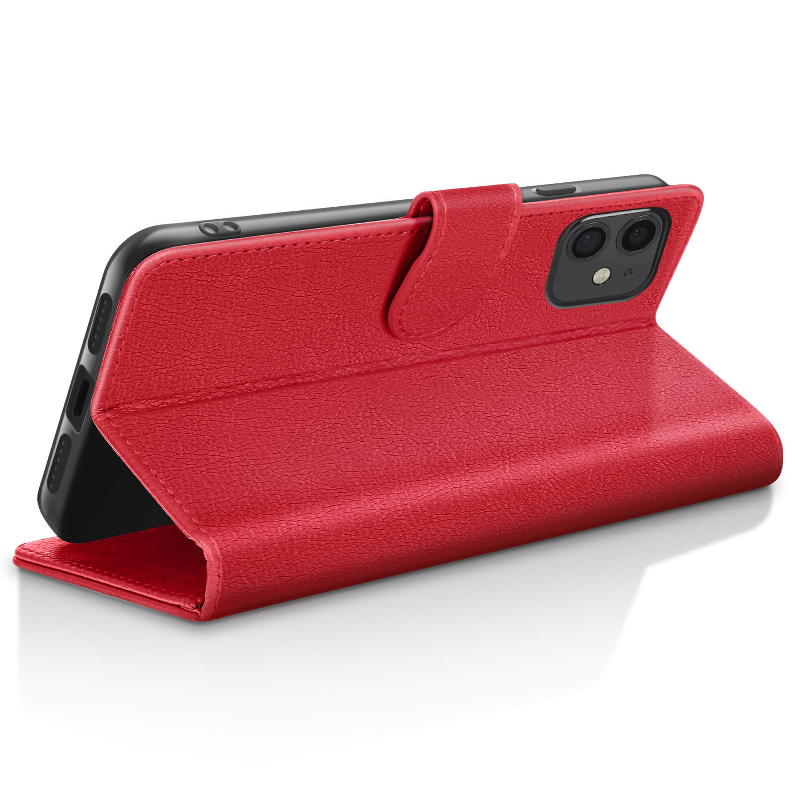 Custodia a libro in pelle rossa per smartphone, vista fotocamera.
