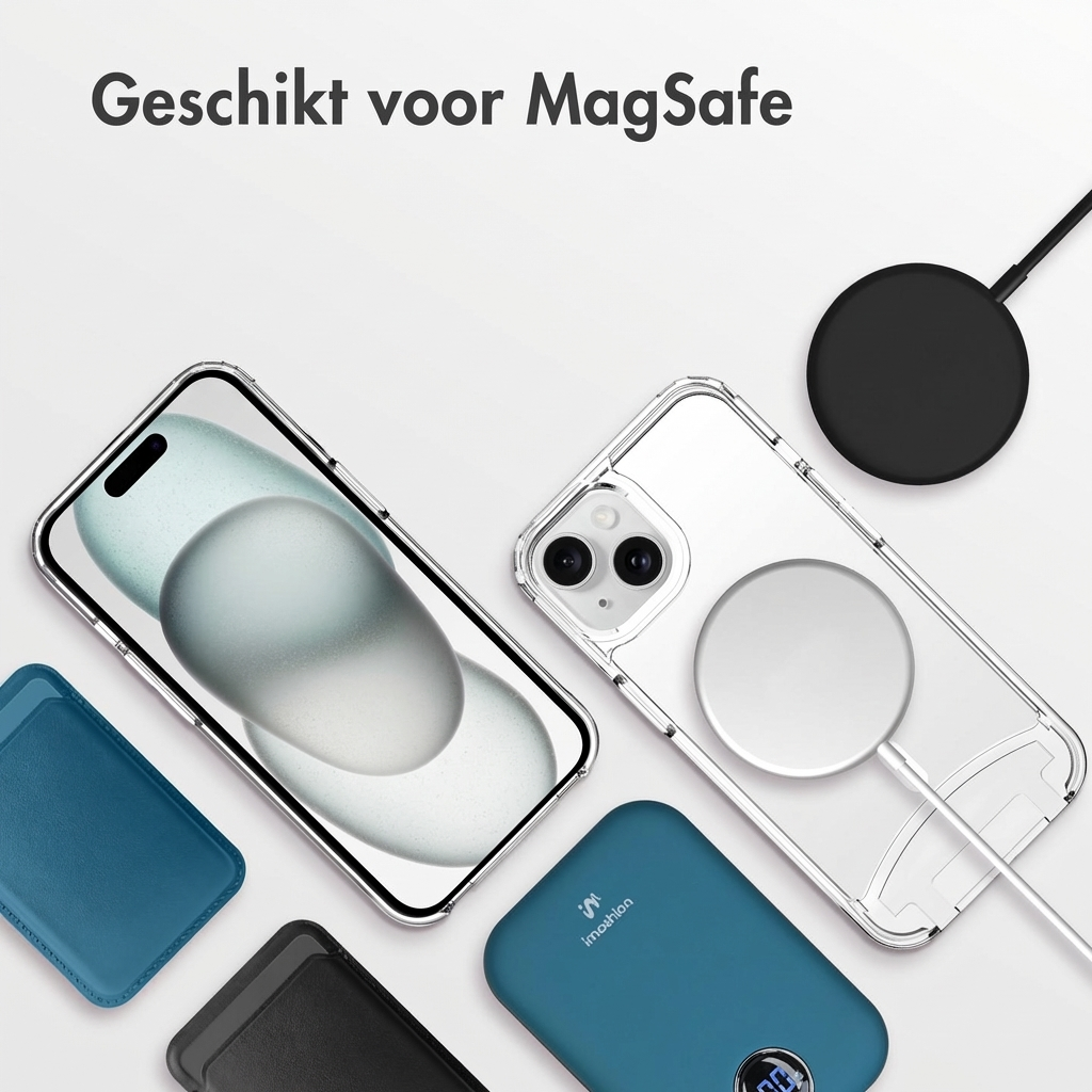 An iPhone with MagSafe accessories, including a case, charger, and power bank.