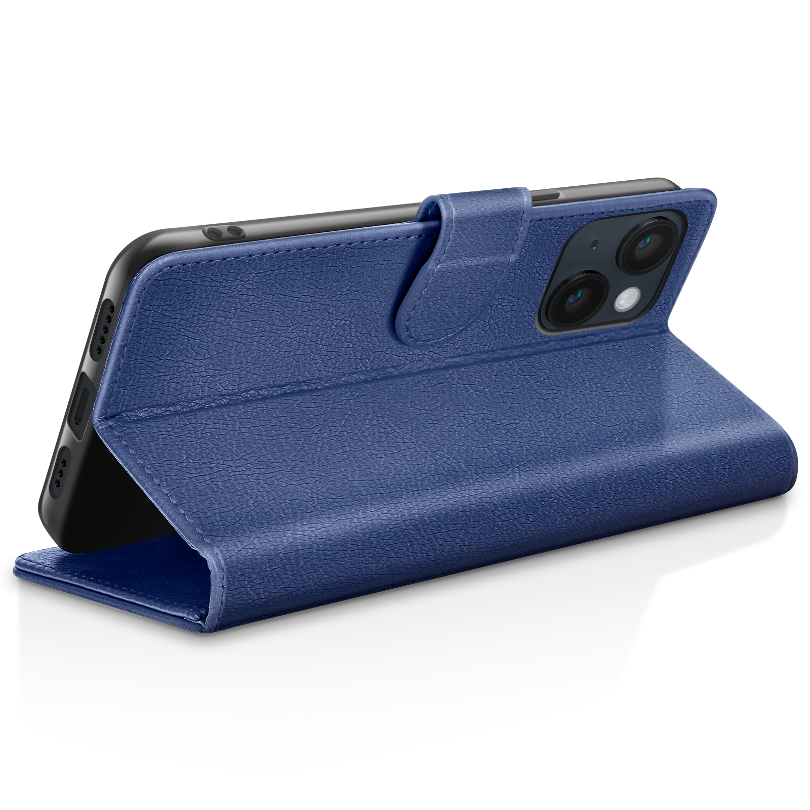 Uno smartphone blu in una custodia a libro aperta in ecopelle.