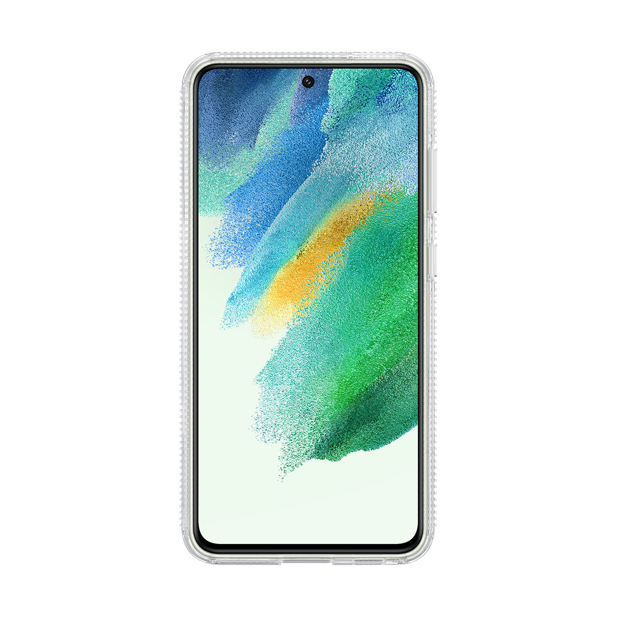Una cover trasparente per smartphone con sfondo astratto colorato.
