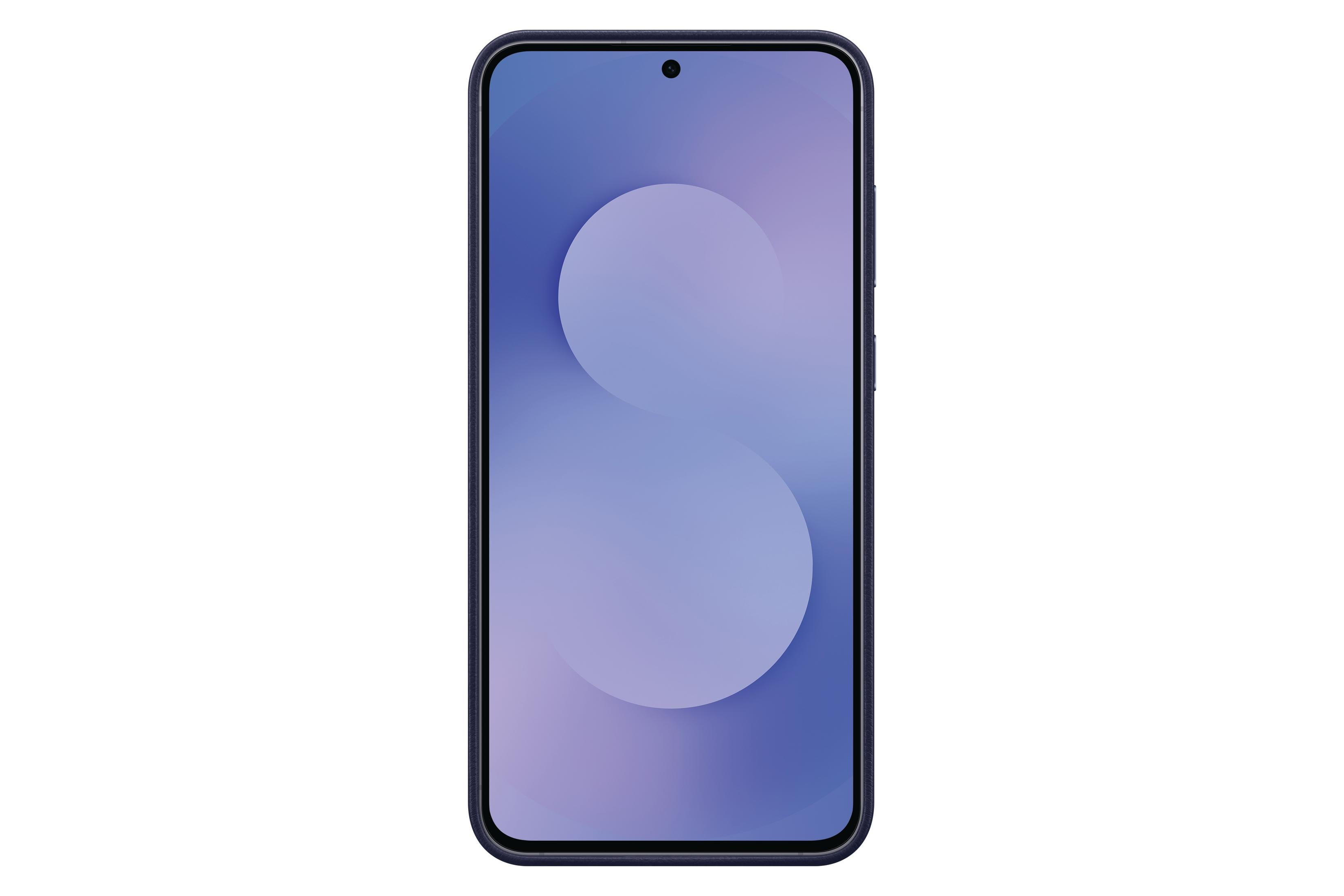 Ein dunkelblaues Smartphone mit einem lila Hintergrundbild.