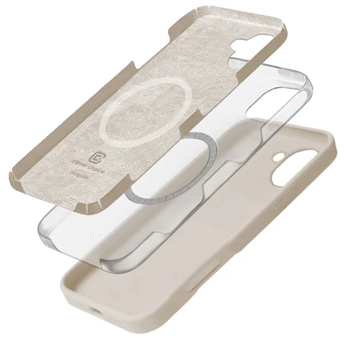 Vista esplosa di tre custodie per telefono: beige, trasparente e beige.