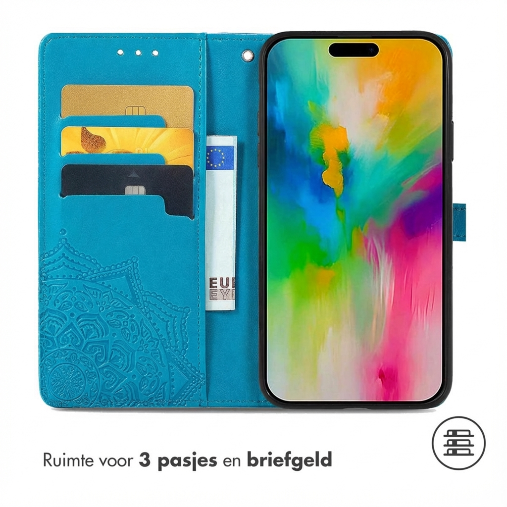 Blaue Handyhülle mit Kartenfächern und Telefon, bunte Bildschirmanzeige.