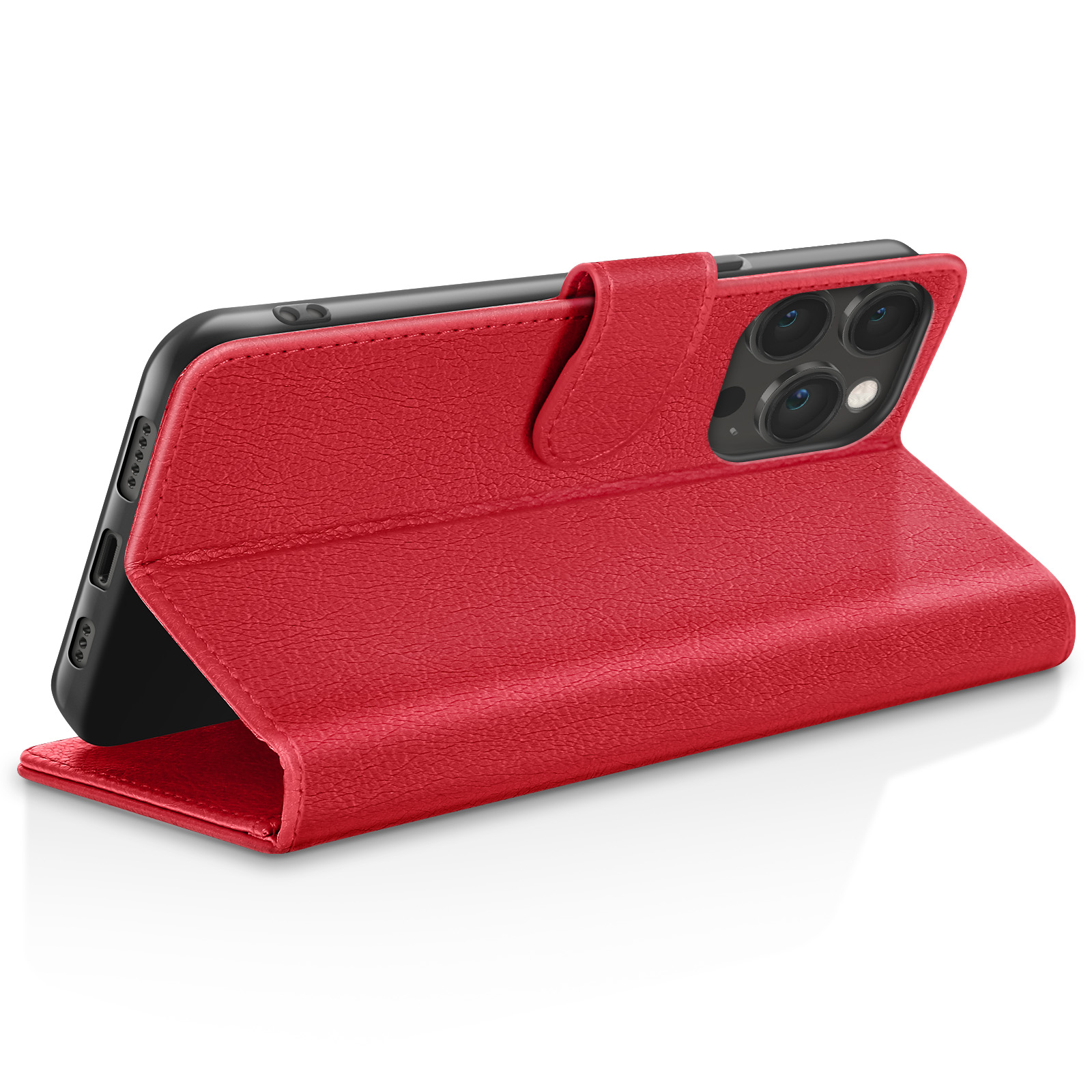 Custodia rossa per iPhone con sistema di fotocamere e patta aperta su sfondo bianco.