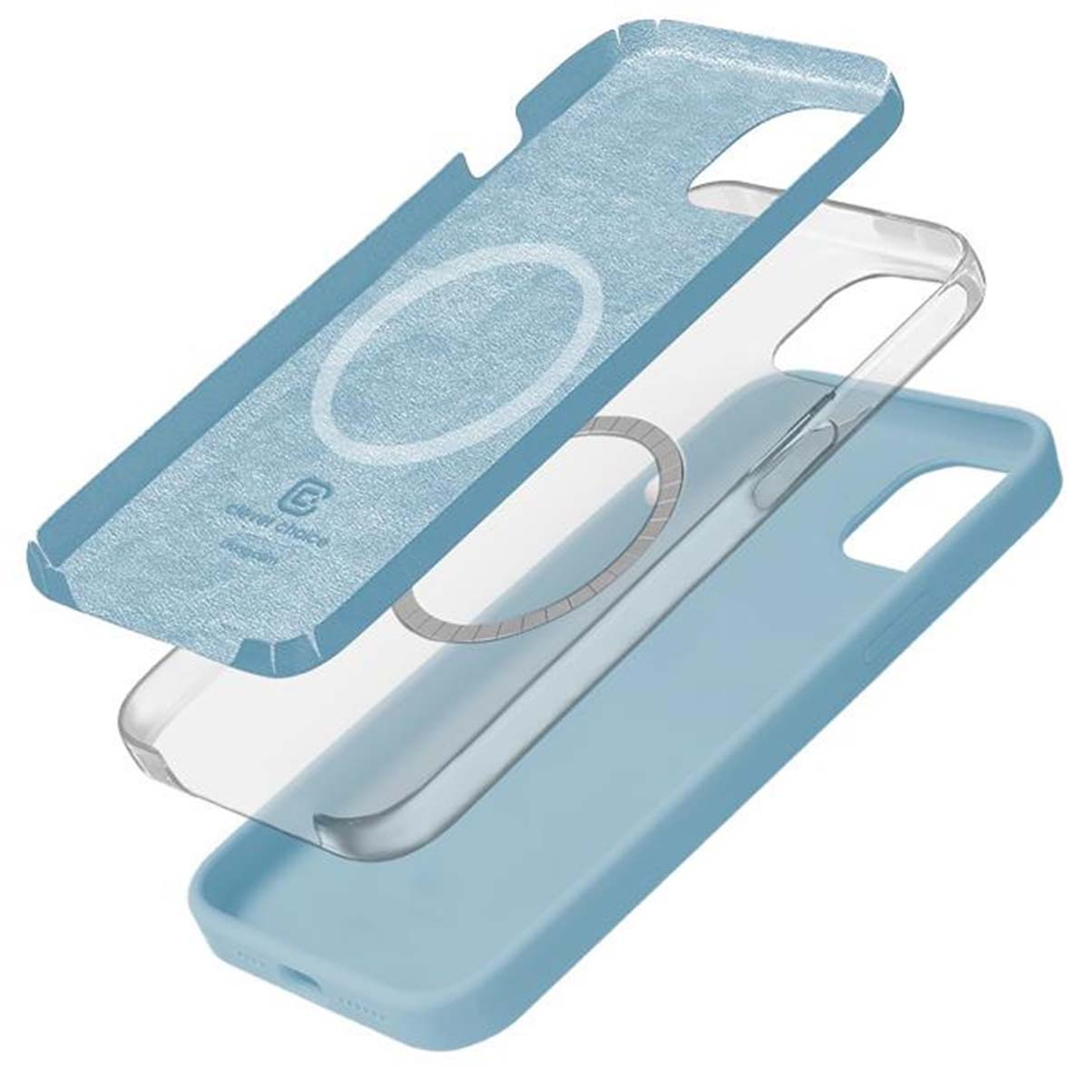 Tre custodie per telefono azzurro impilate, mostrano il dettaglio dell'anello MagSafe.
