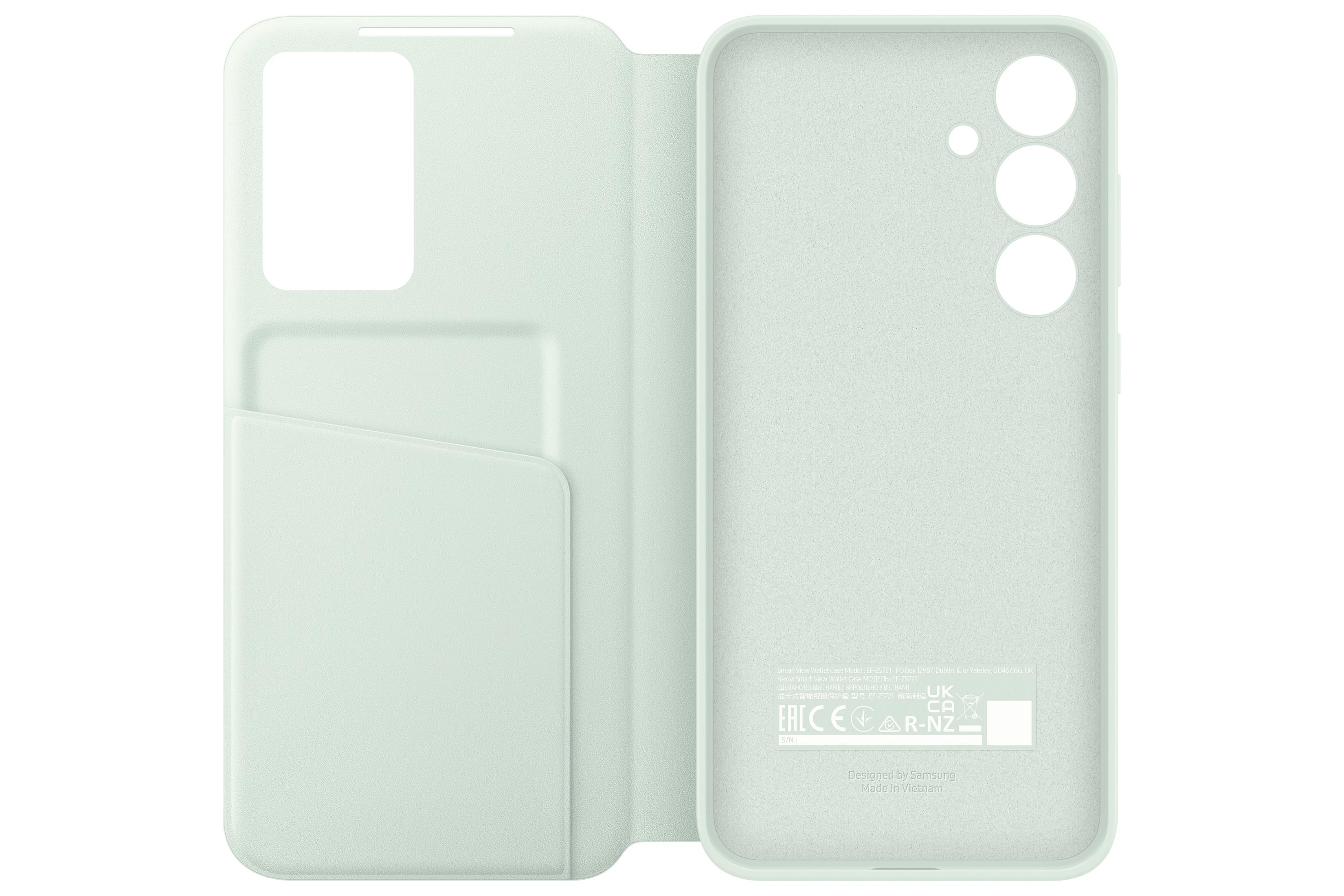 Custodia verde chiaro per telefono con slot per schede e ritagli per fotocamera.