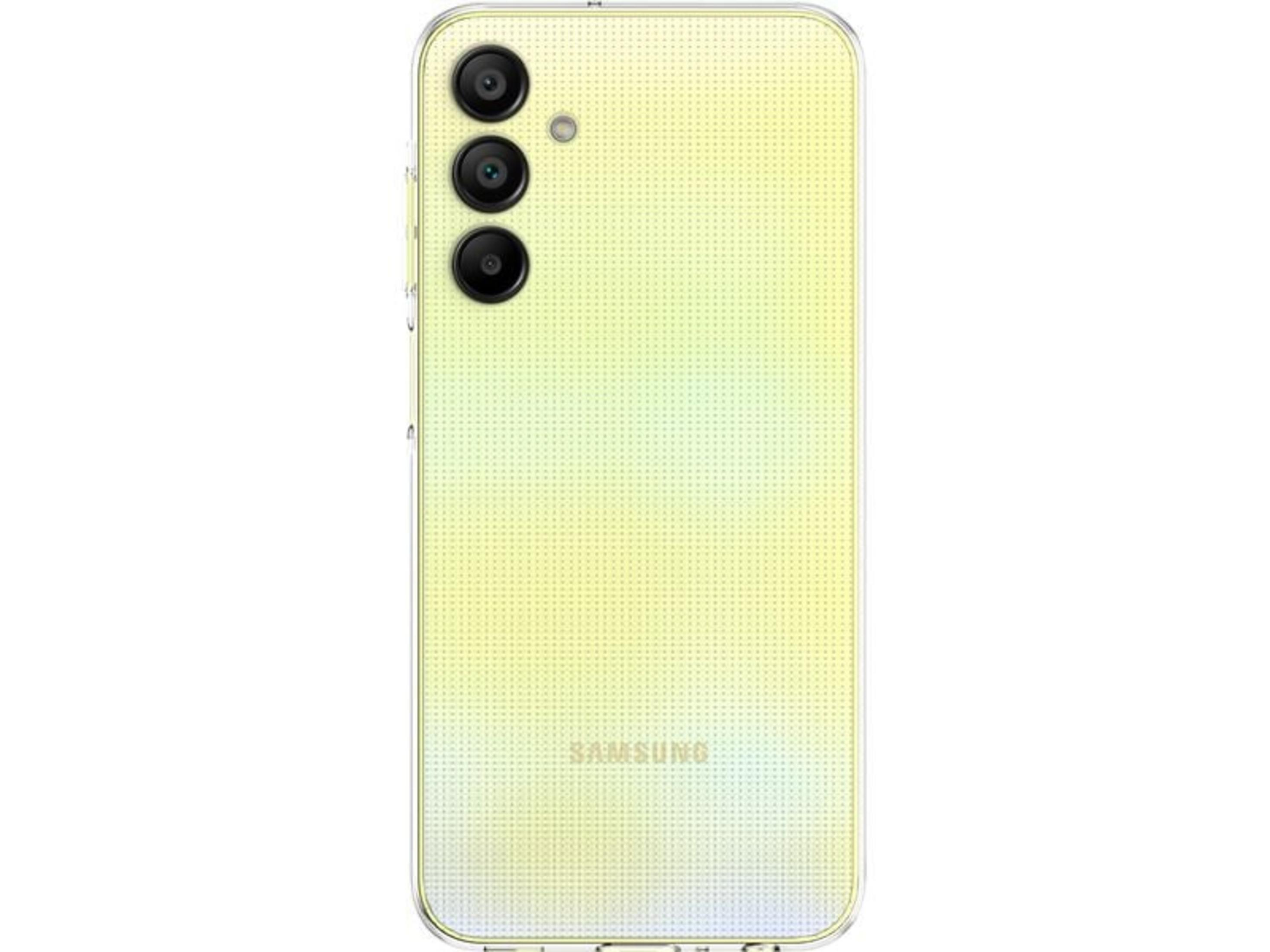 Parte trasera de un smartphone amarillo claro con tres cámaras y patrón de puntos.