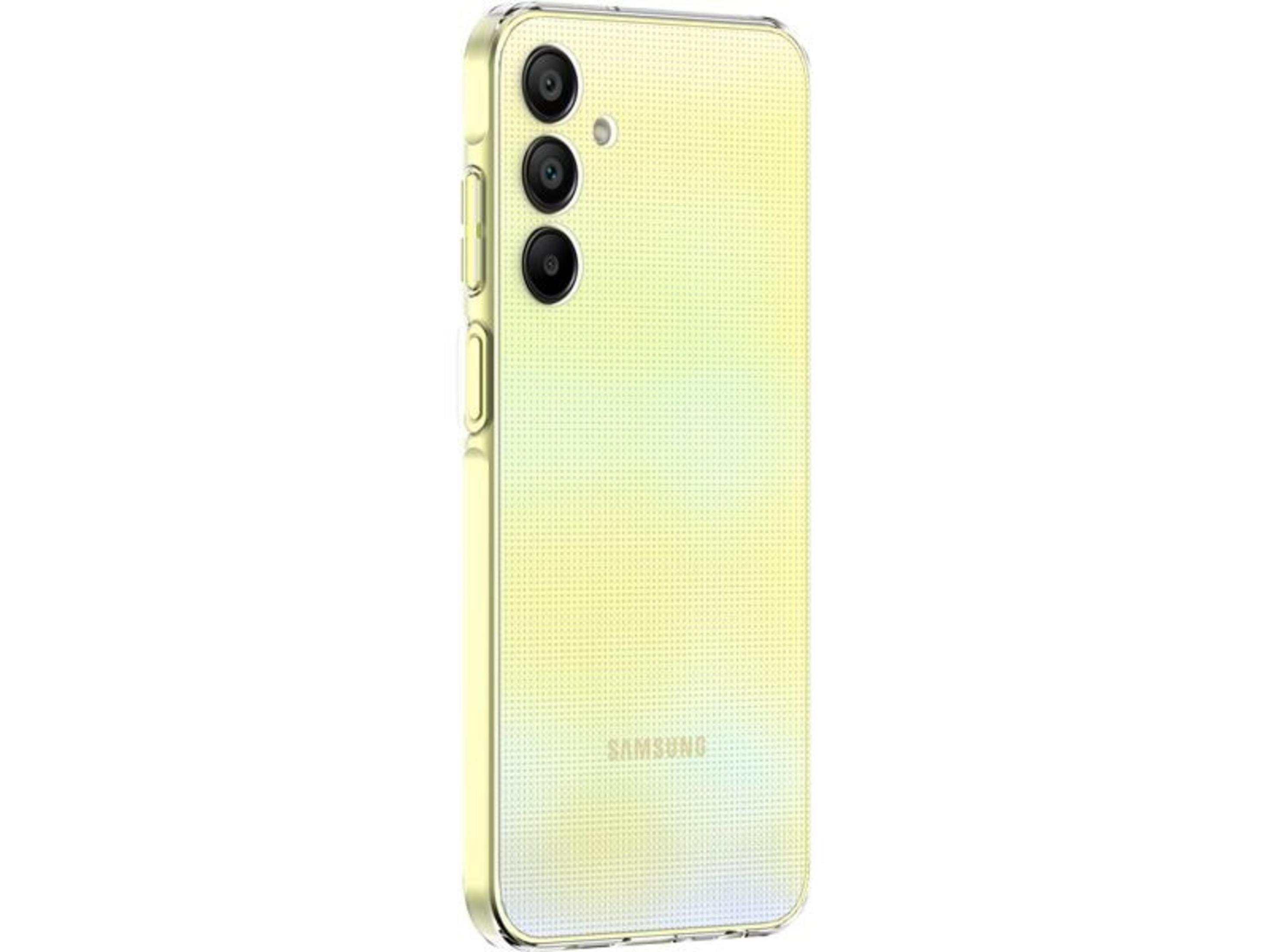 Un smartphone amarillo con tres cámaras traseras, dentro de una funda transparente.