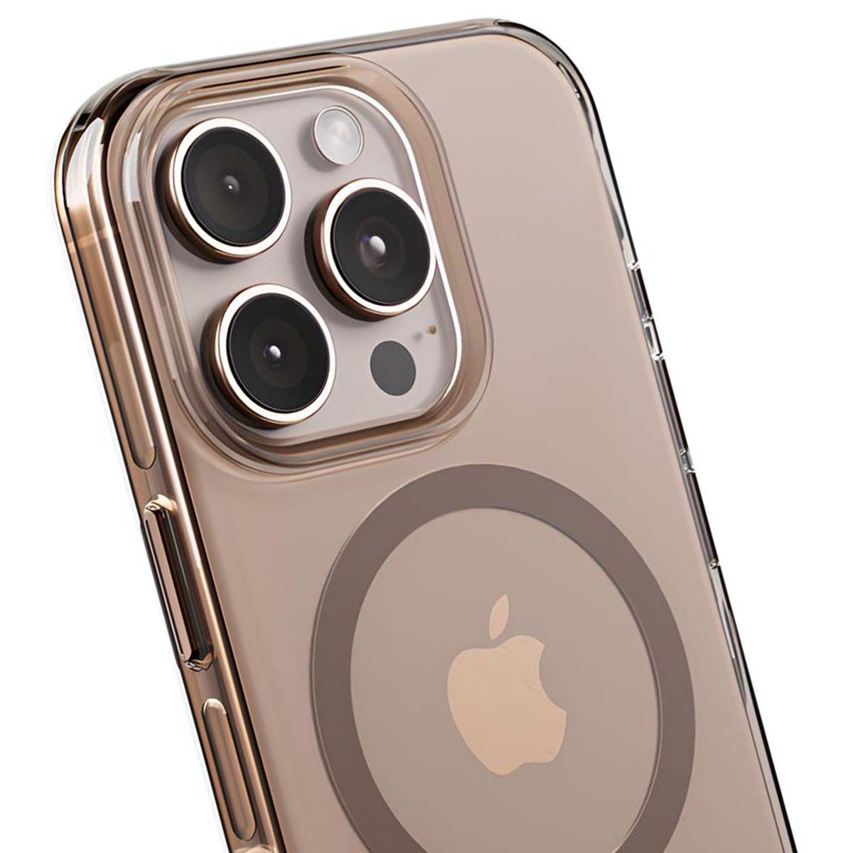 Una cover trasparente per telefono mostra il gruppo a tripla fotocamera e il logo Apple.
