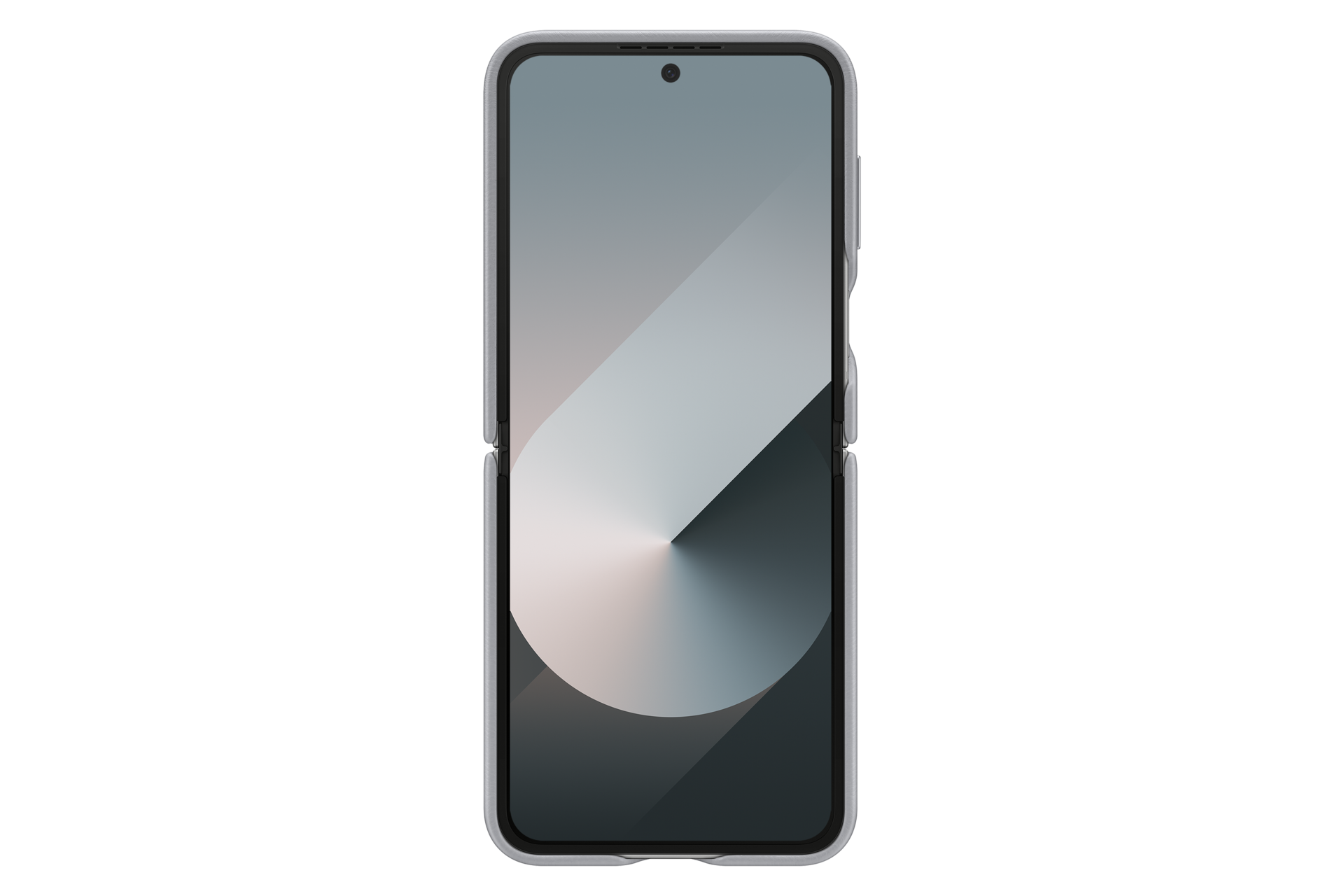 Un teléfono plegable gris cerrado que muestra un fondo de pantalla abstracto.