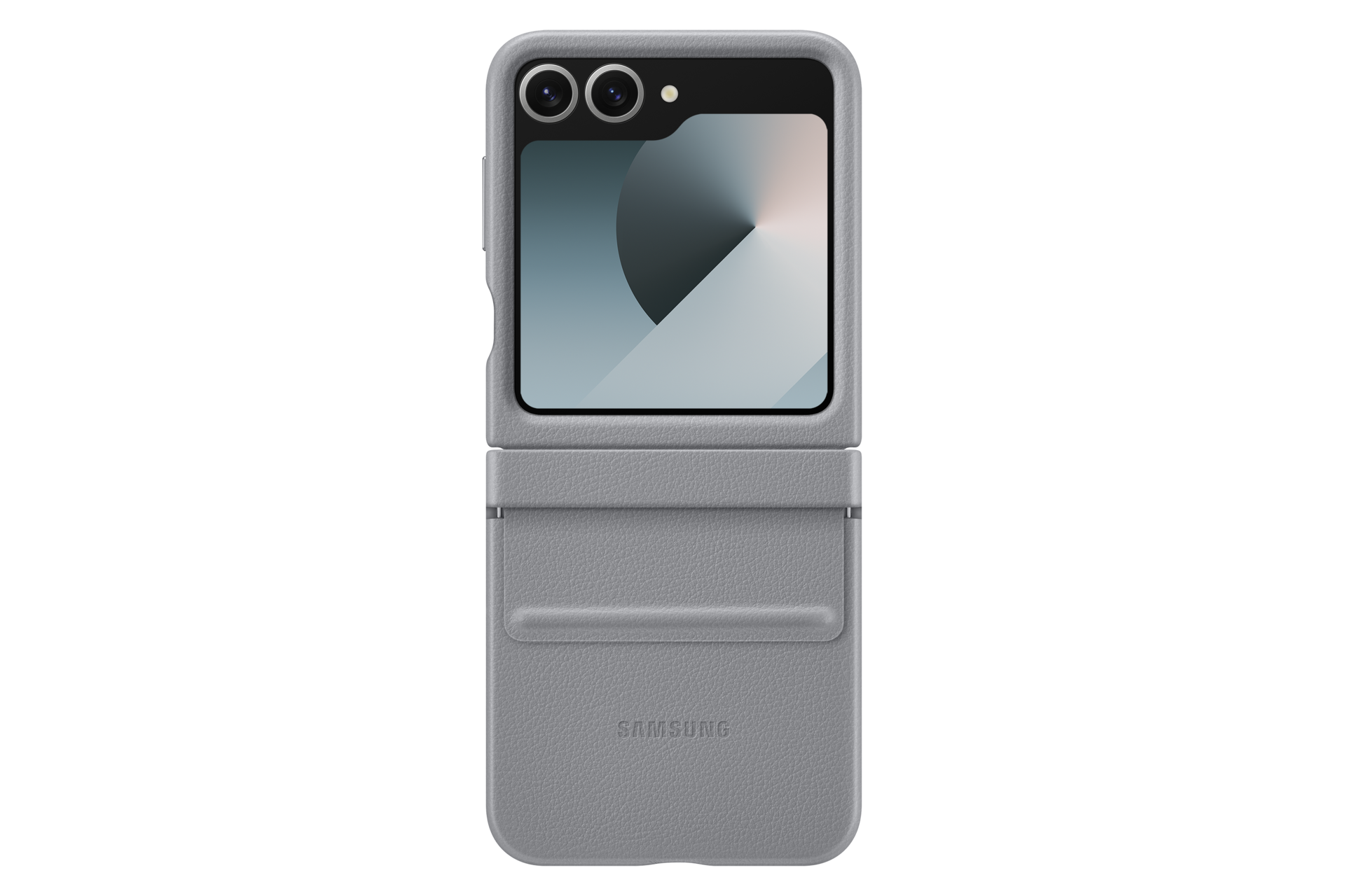 Teléfono plegable Samsung gris con dos cámaras y pantalla.