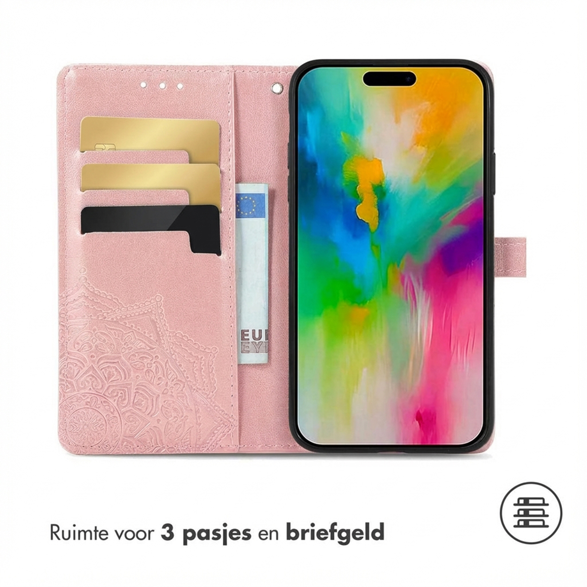 Een roze portemonnee telefoonhoes met kaartsleuven en een telefoon met kleurrijk scherm.