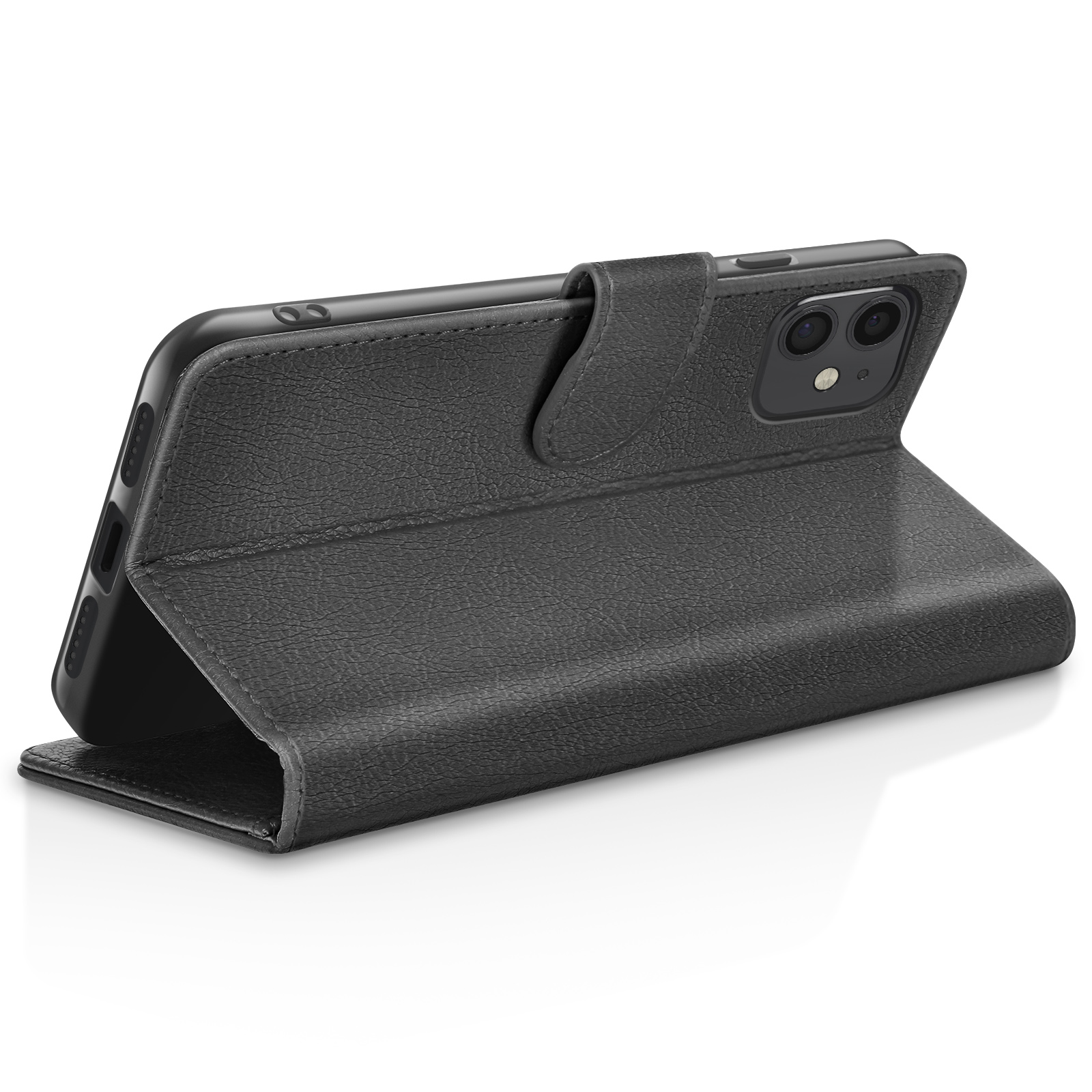 Uno smartphone nero in una custodia a libro in pelle nera aperta, con fotocamere.