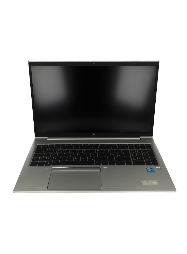 Ein offener, silberner HP Elitebook Laptop mit schwarzem Bildschirm und Tastatur.