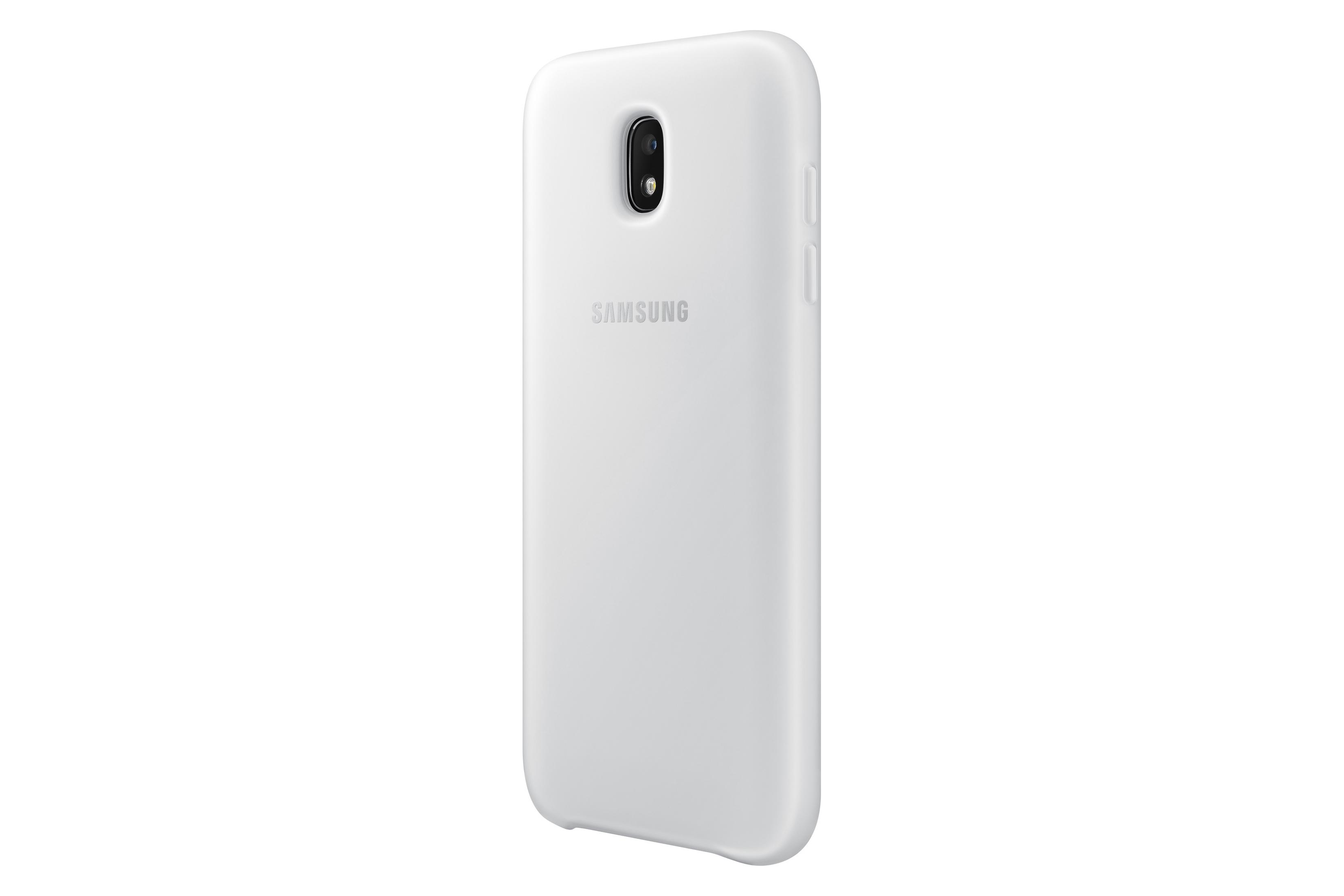 Un telefono Samsung bianco con fotocamera e logo su sfondo bianco.