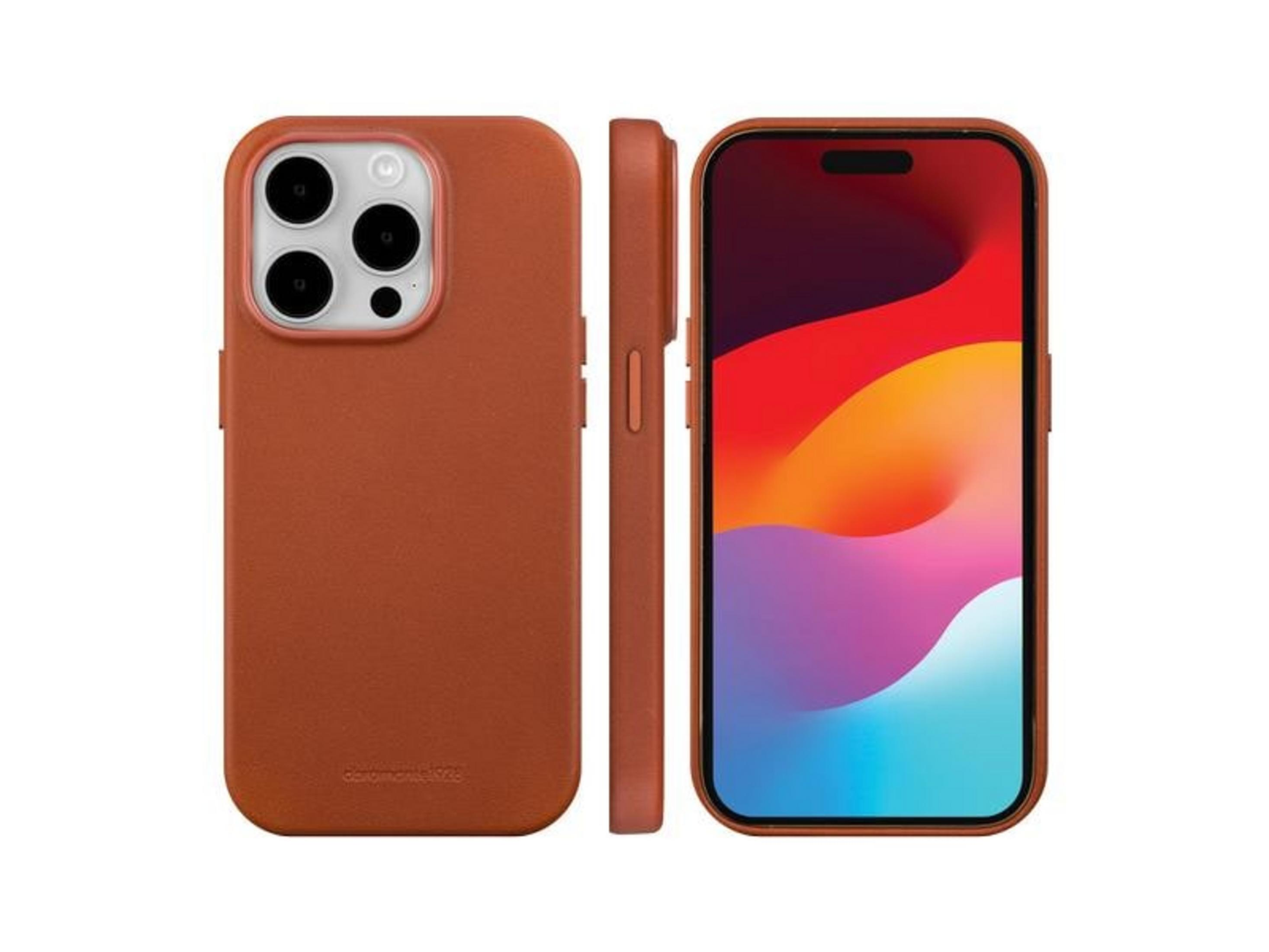 Custodia marrone per telefono e smartphone con schermo colorato, vista frontale e laterale.