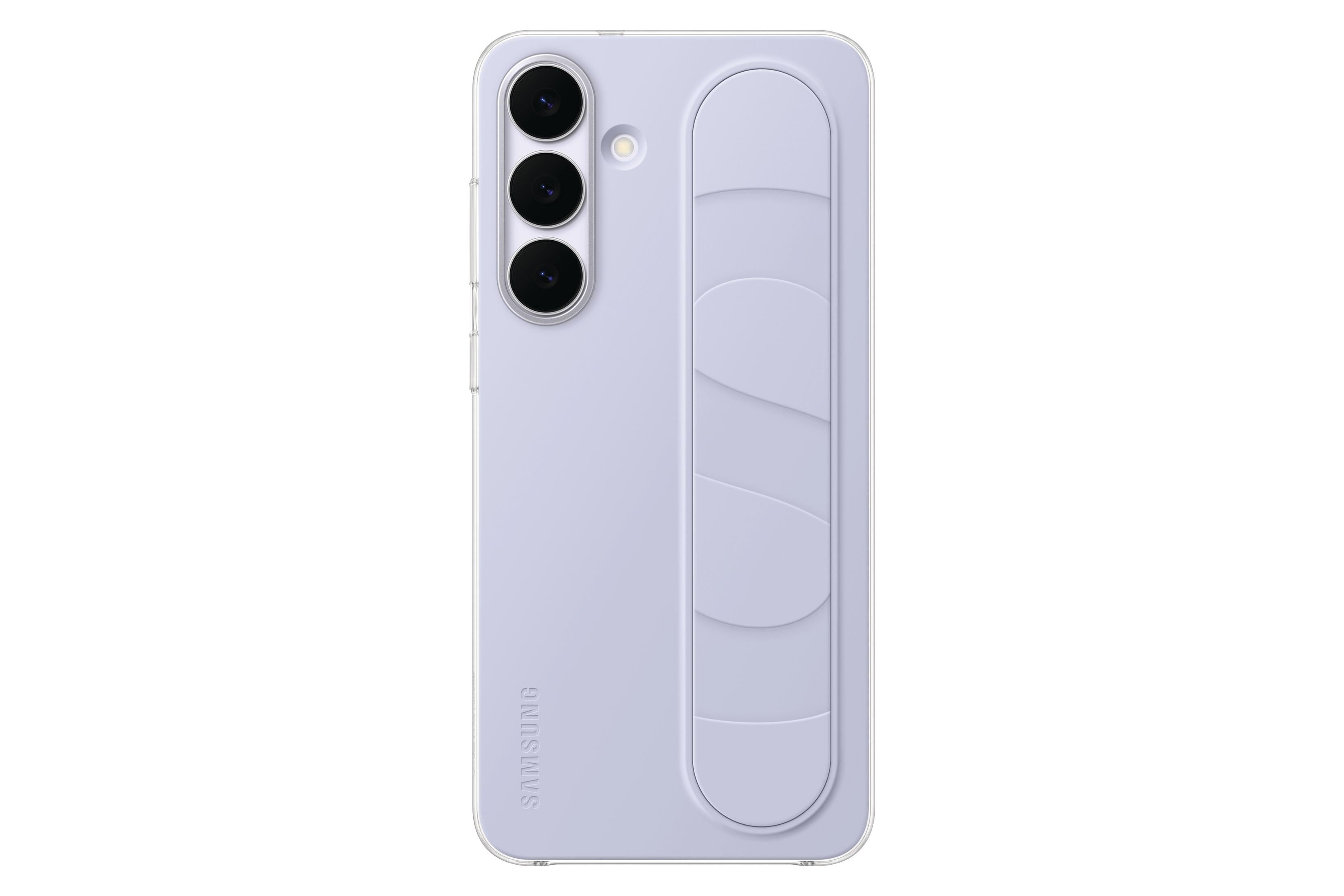 Un teléfono Samsung morado claro con tres cámaras y un agarre en la parte trasera.