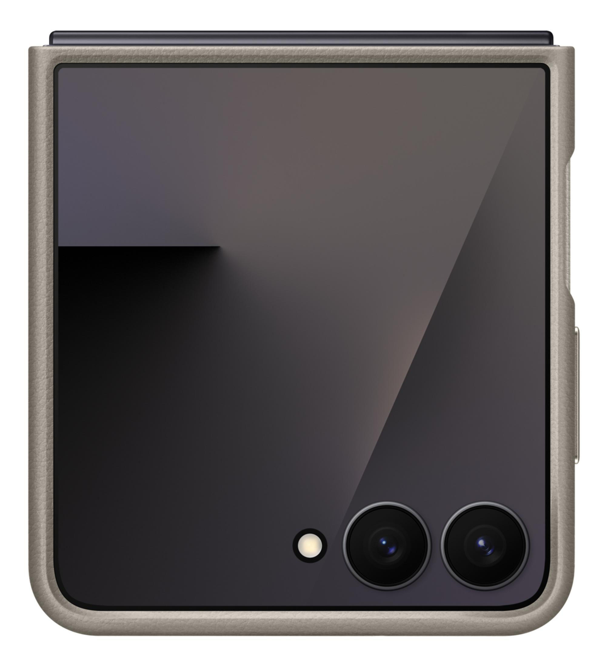 Smartphone grigio con due fotocamere e flash sul retro.