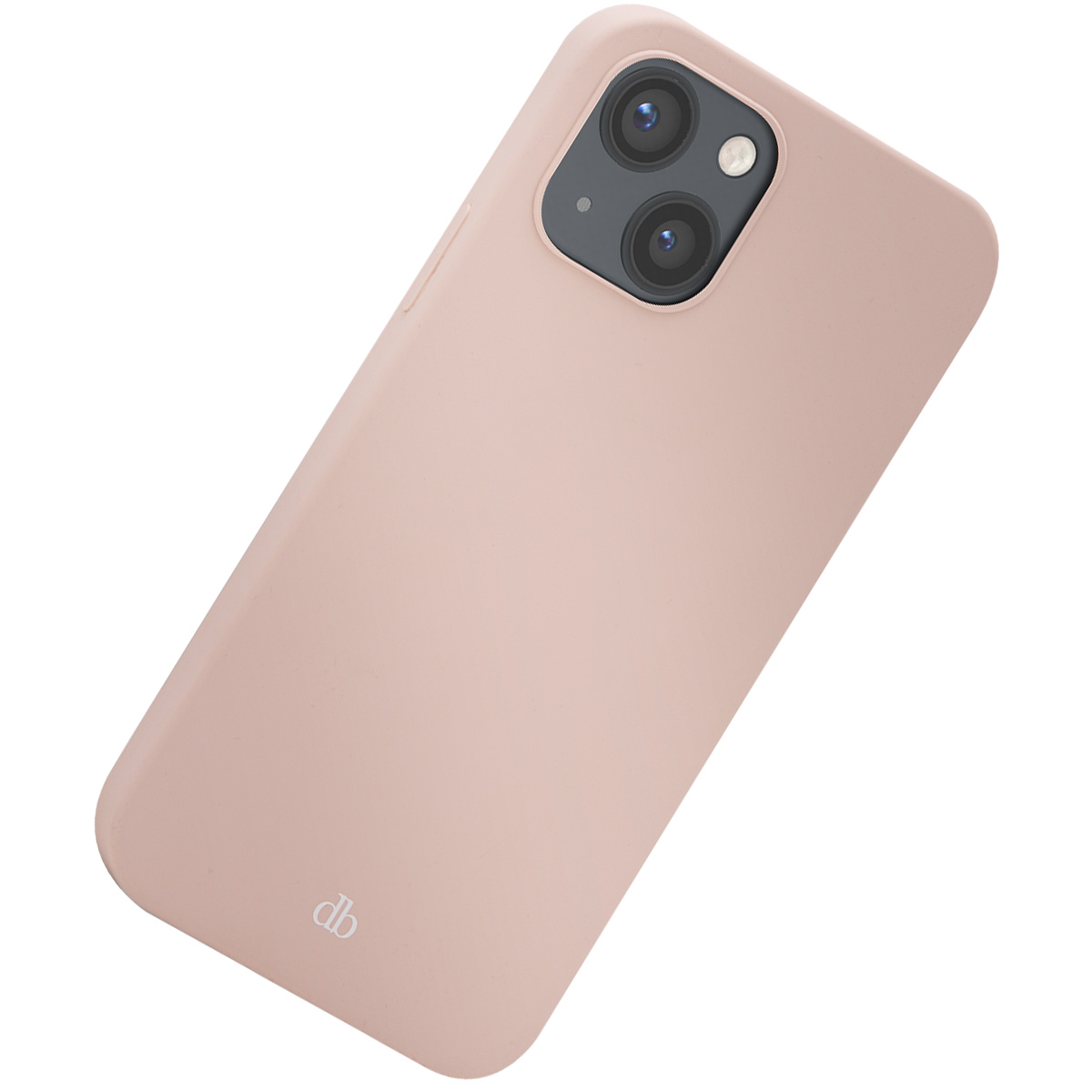 Una cover per telefono rosa cipria con doppia fotocamera sul retro.
