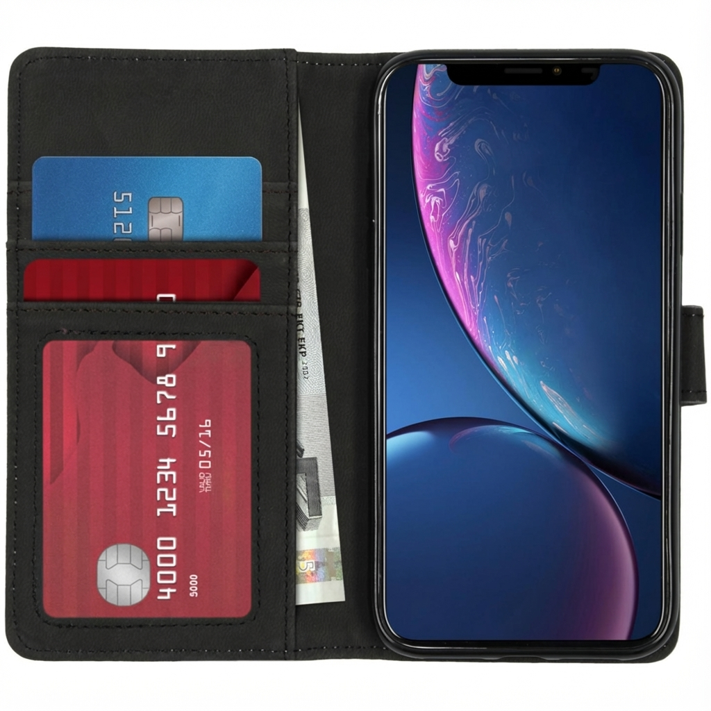 Schwarze Wallet-Hülle mit Handy, Kreditkarten und Bargeld.