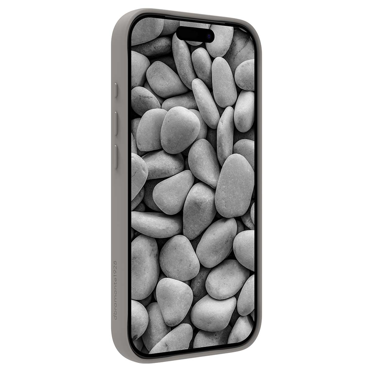 Smartphone grigio con schermo a motivo di ciottoli e pulsanti laterali.