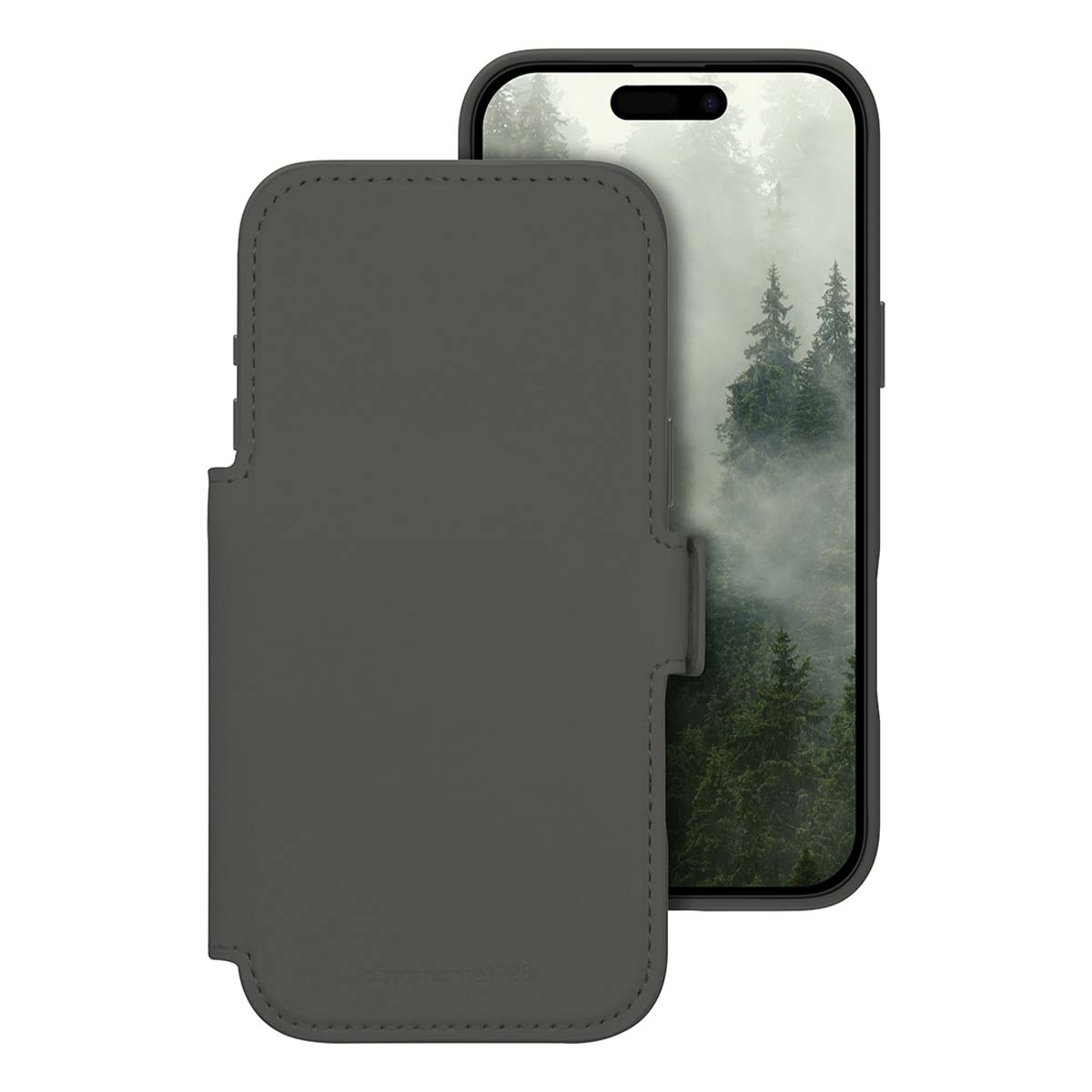 Custodia grigia piegata su uno smartphone con paesaggio forestale.