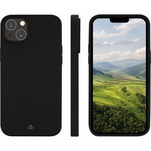 Cover nera per telefono vista frontale, laterale e con schermo paesaggio.