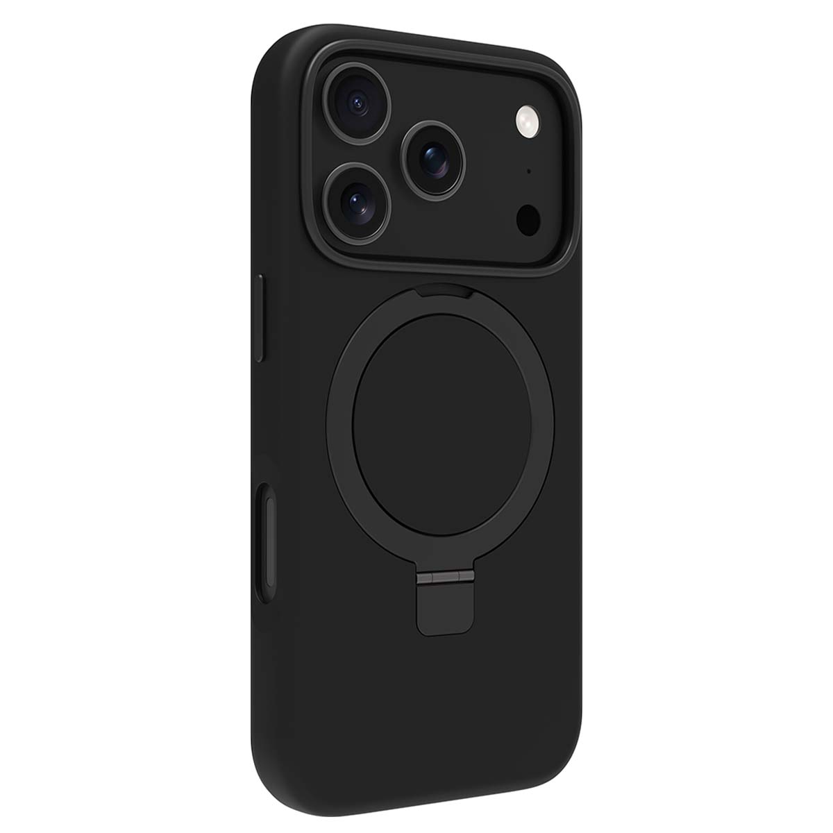 Custodia nera per iPhone con tre fotocamere e anello di supporto integrato.