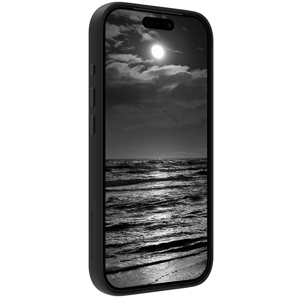 Un telefono nero mostra una scena oceanica notturna con luna e nuvole.