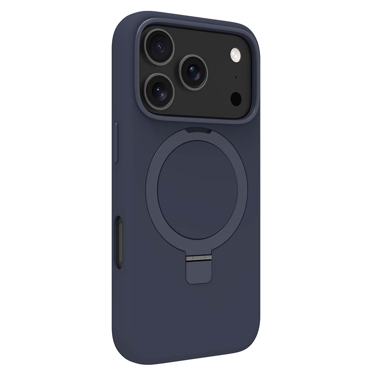 Funda azul oscura para teléfono con recorte de cámara y soporte de anillo.