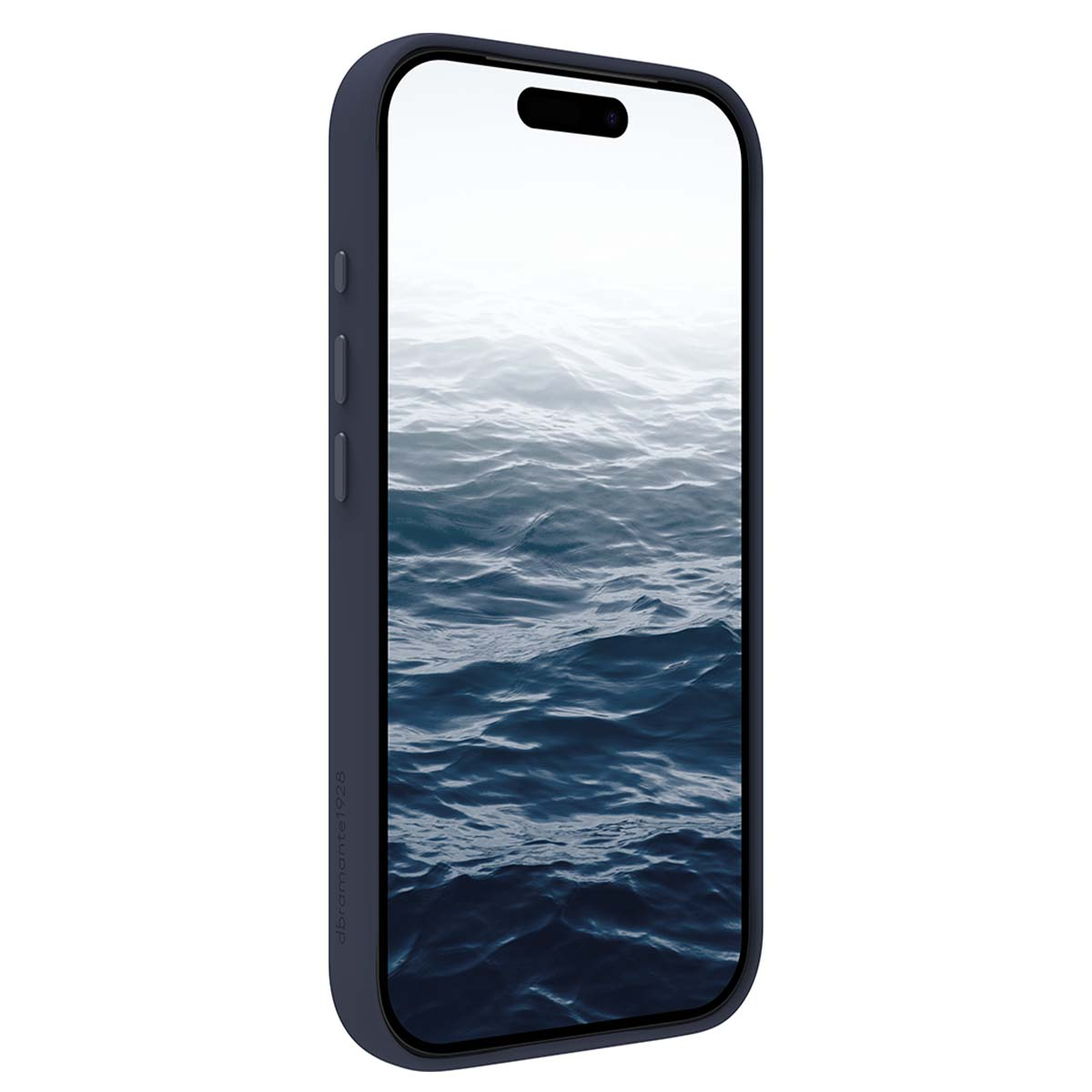 Teléfono azul oscuro con patrón de agua ondulada en pantalla y recorte para cámara frontal.