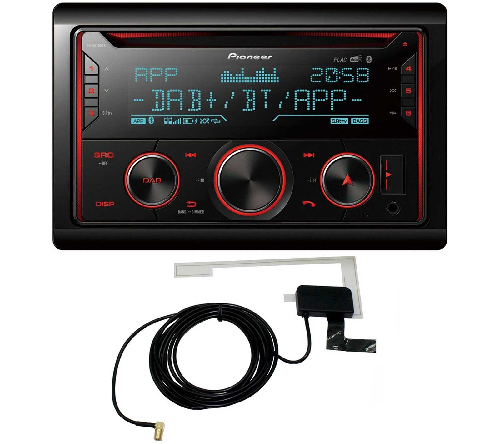 Ein Pioneer Autoradio mit blauem Display, Knöpfen und Kabeln.