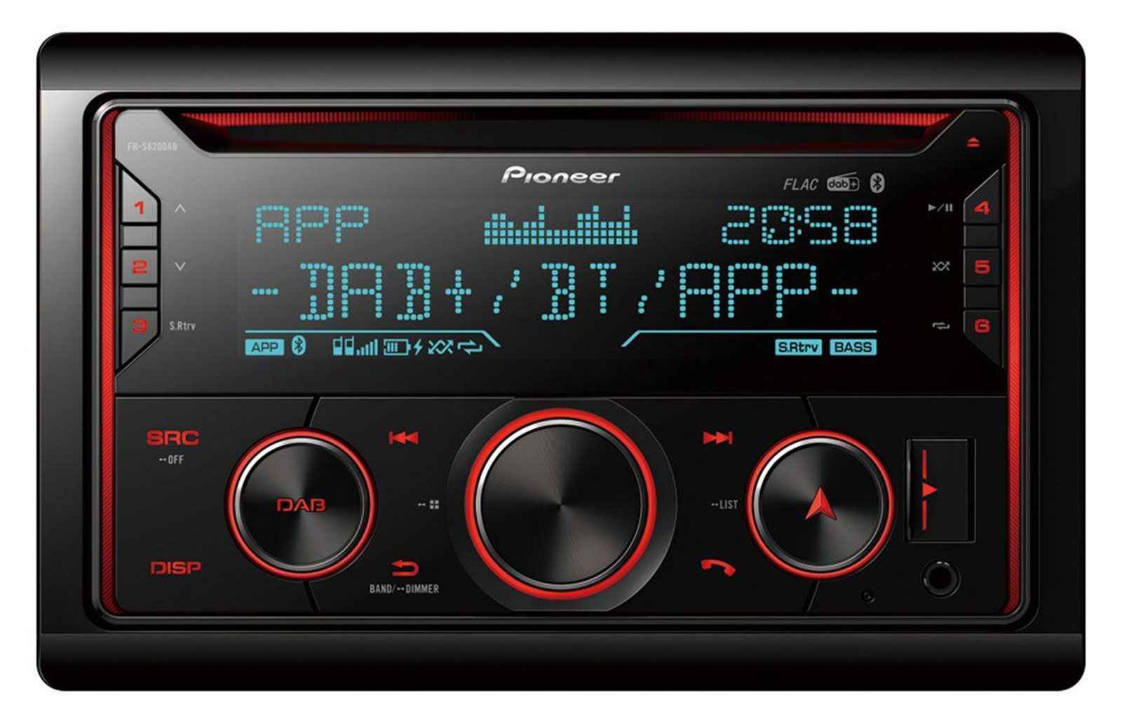 Pioneer Autoradio-Display zeigt 'APP', 'DAB+', 'BT', 'APP'. Zeit ist 20:58.