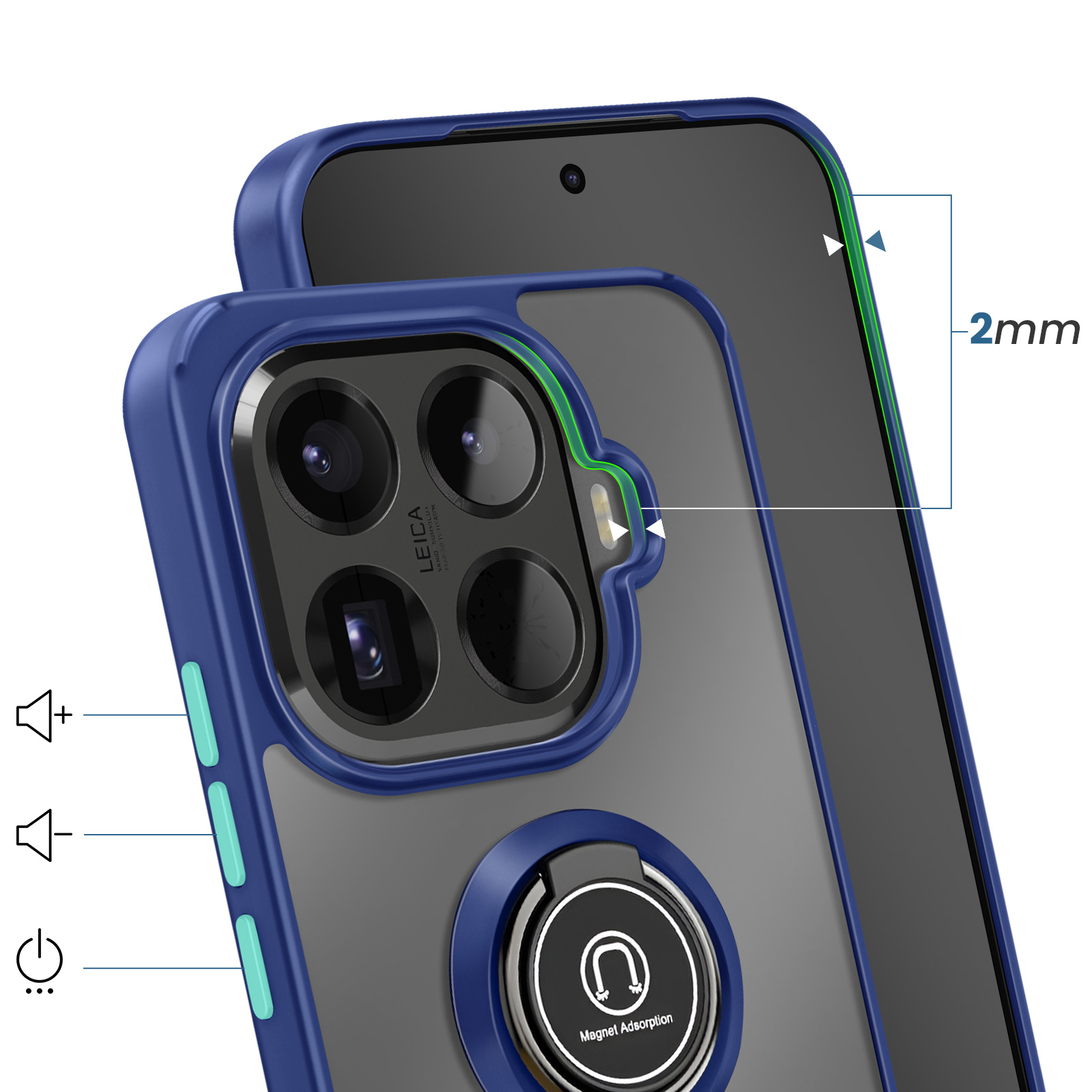 Custodia blu per telefono con quattro fotocamere, anello e bordo da 2mm.