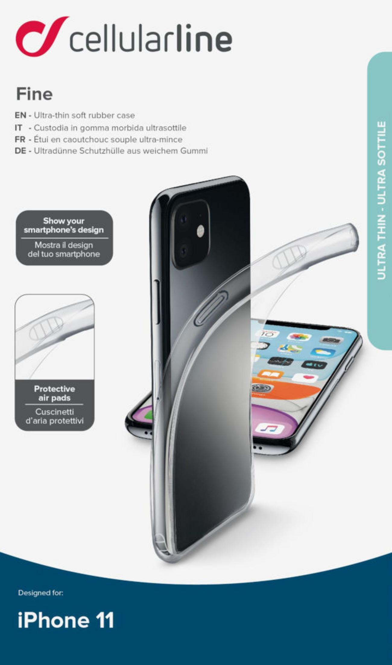 Una funda transparente para iPhone 11 de Cellularline, que muestra el diseño.