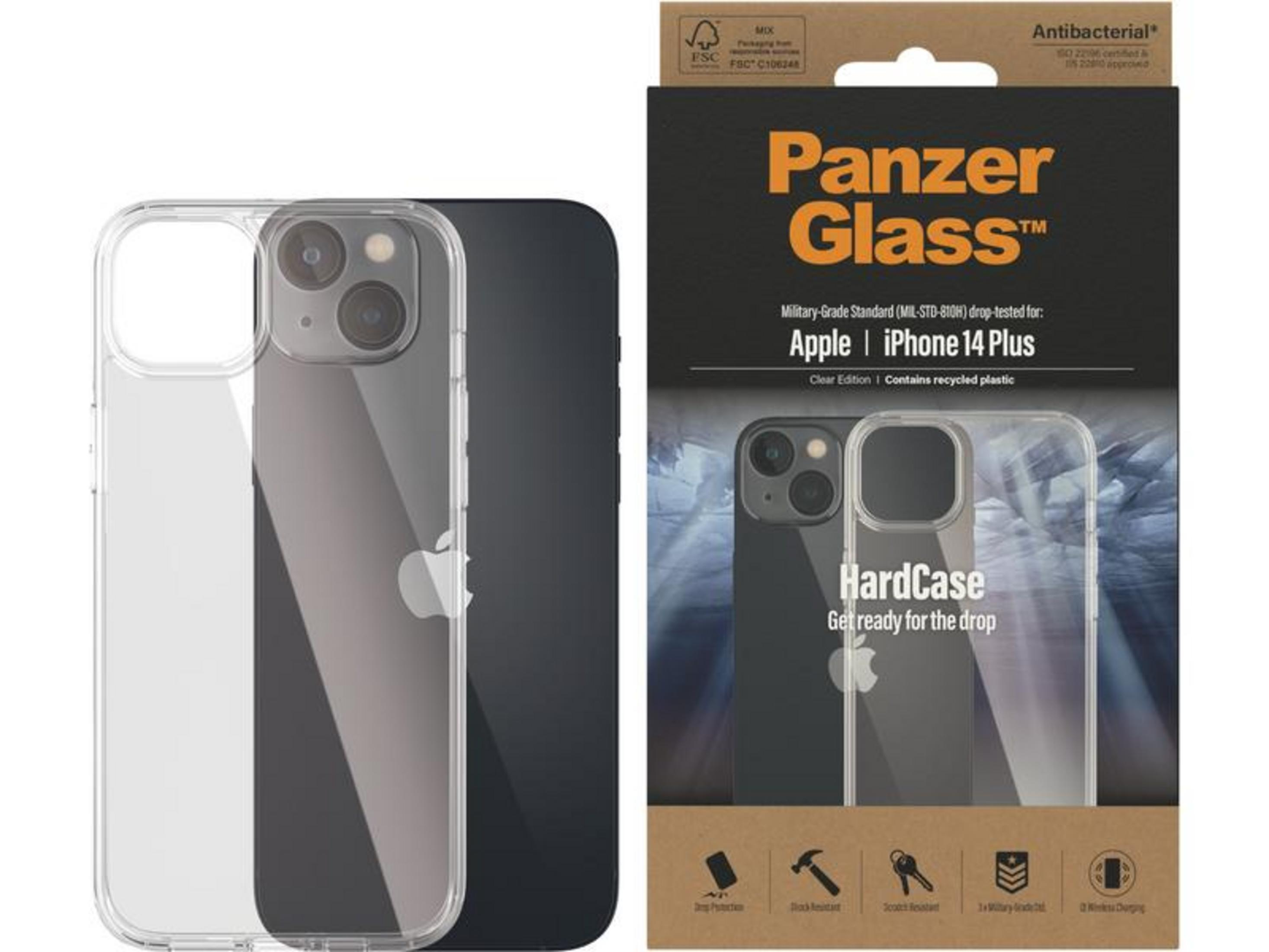 Custodia Panzer Glass trasparente per iPhone 14 Plus con logo Apple.