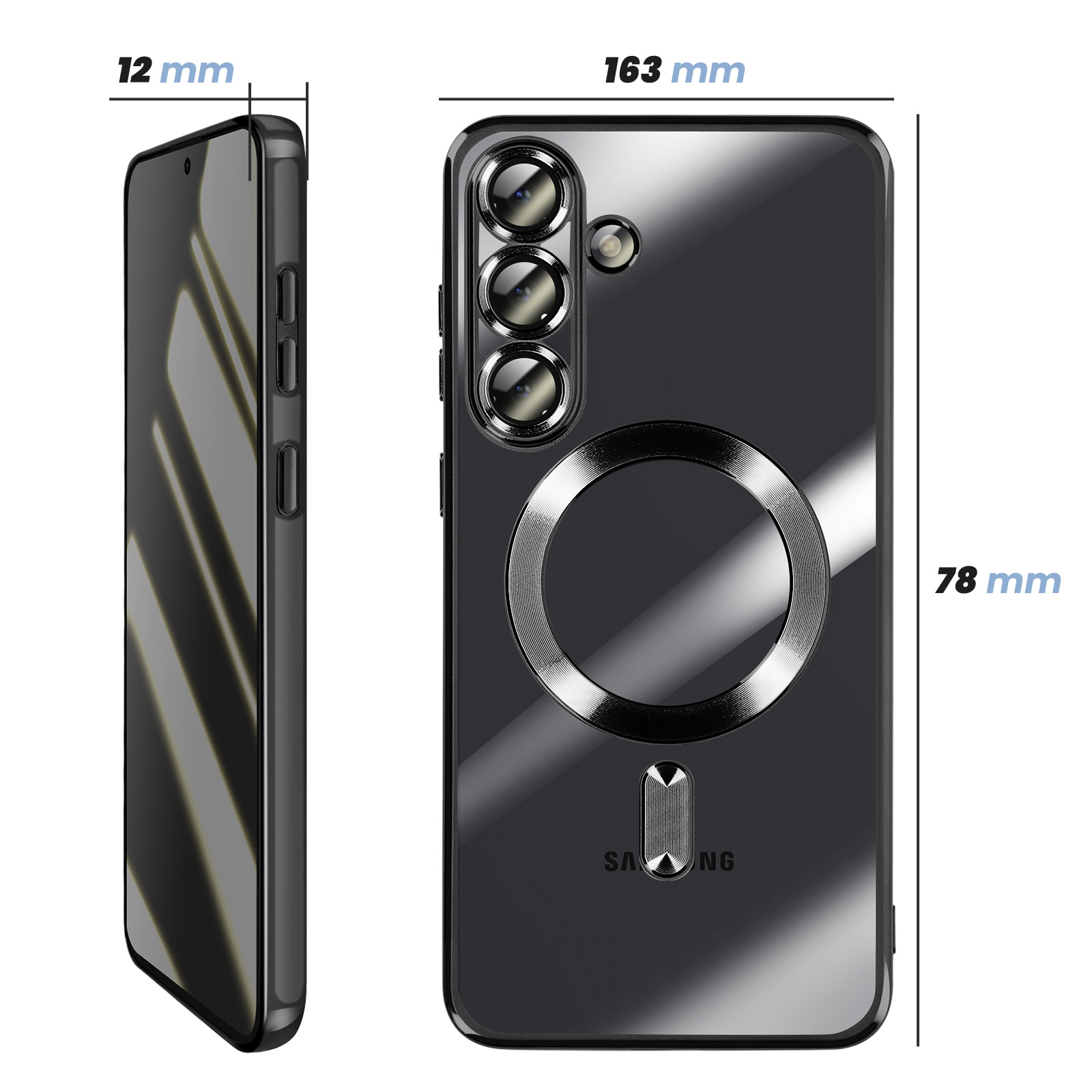 Custodia nera per telefono con anello magnetico e fotocamere. Dimensioni: 163x78x12 mm.