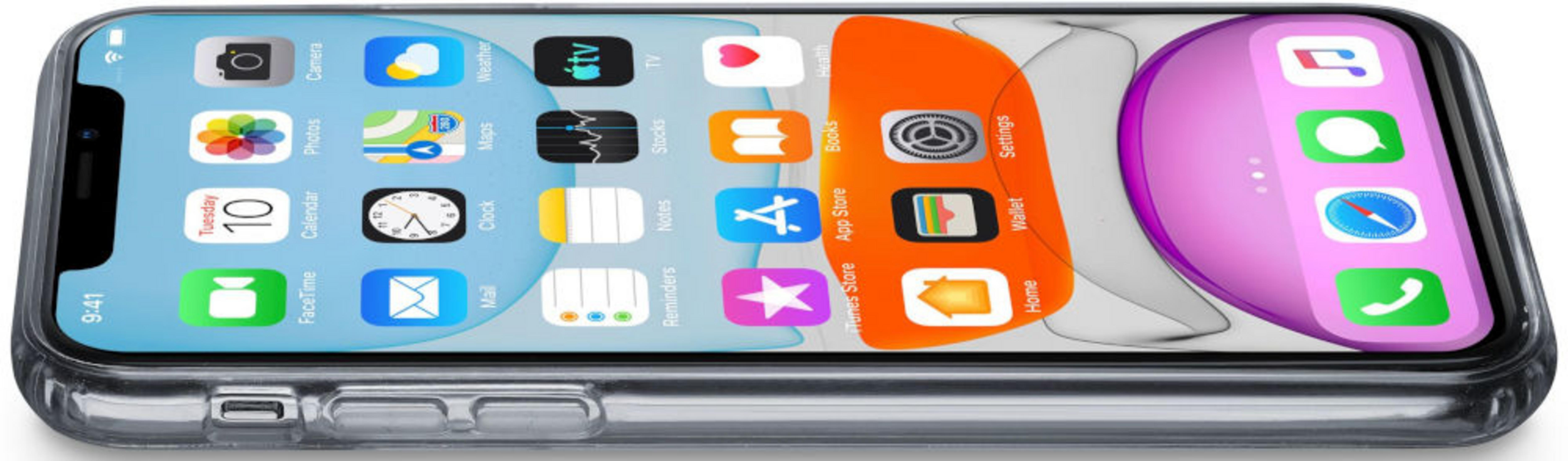Schermo iPhone con varie icone di app, tra cui Fotocamera, Foto, Calendario e Telefono.