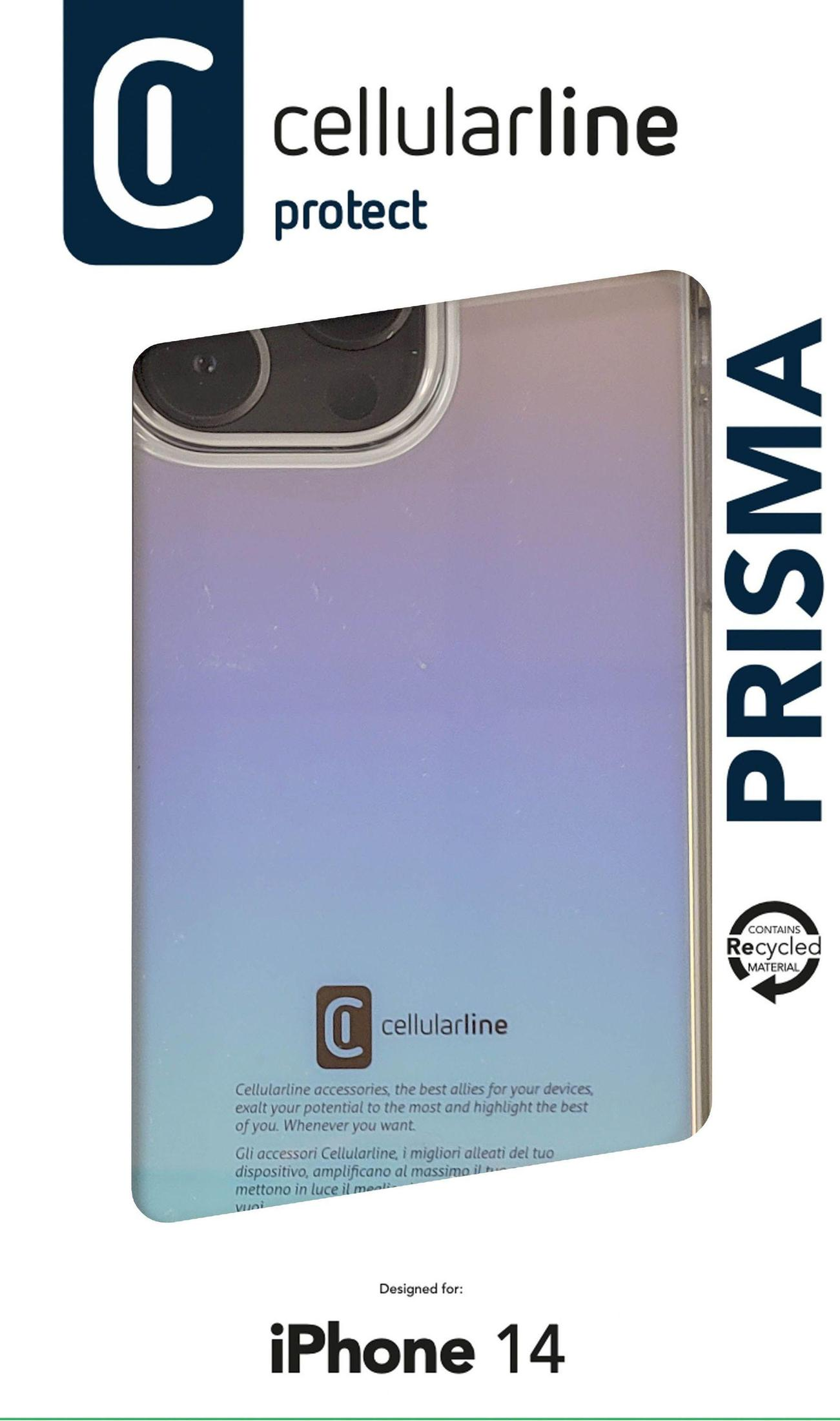Custodia Cellularline iPhone 14, trasparente con sfumatura blu/viola, modello Prisma.