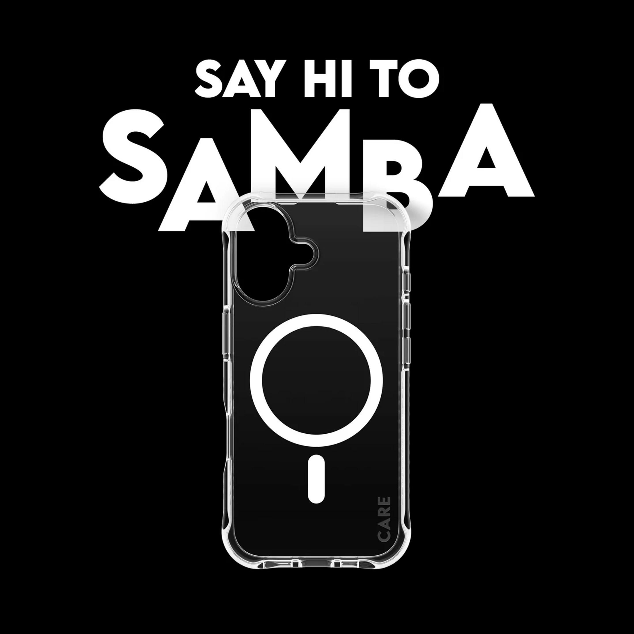 Beyaz "Samba" yazılı ve "Care" logolu şeffaf telefon kılıfı.